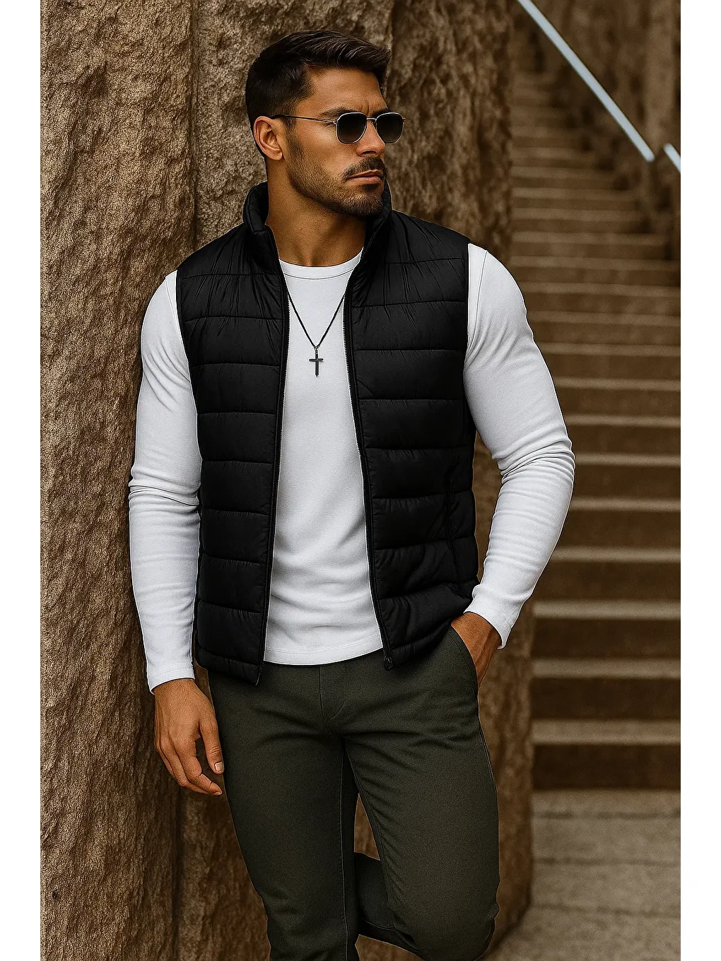 Erkek Cepli Kışlık Fermuarlı Basic Siyah Şişme Yelek-2