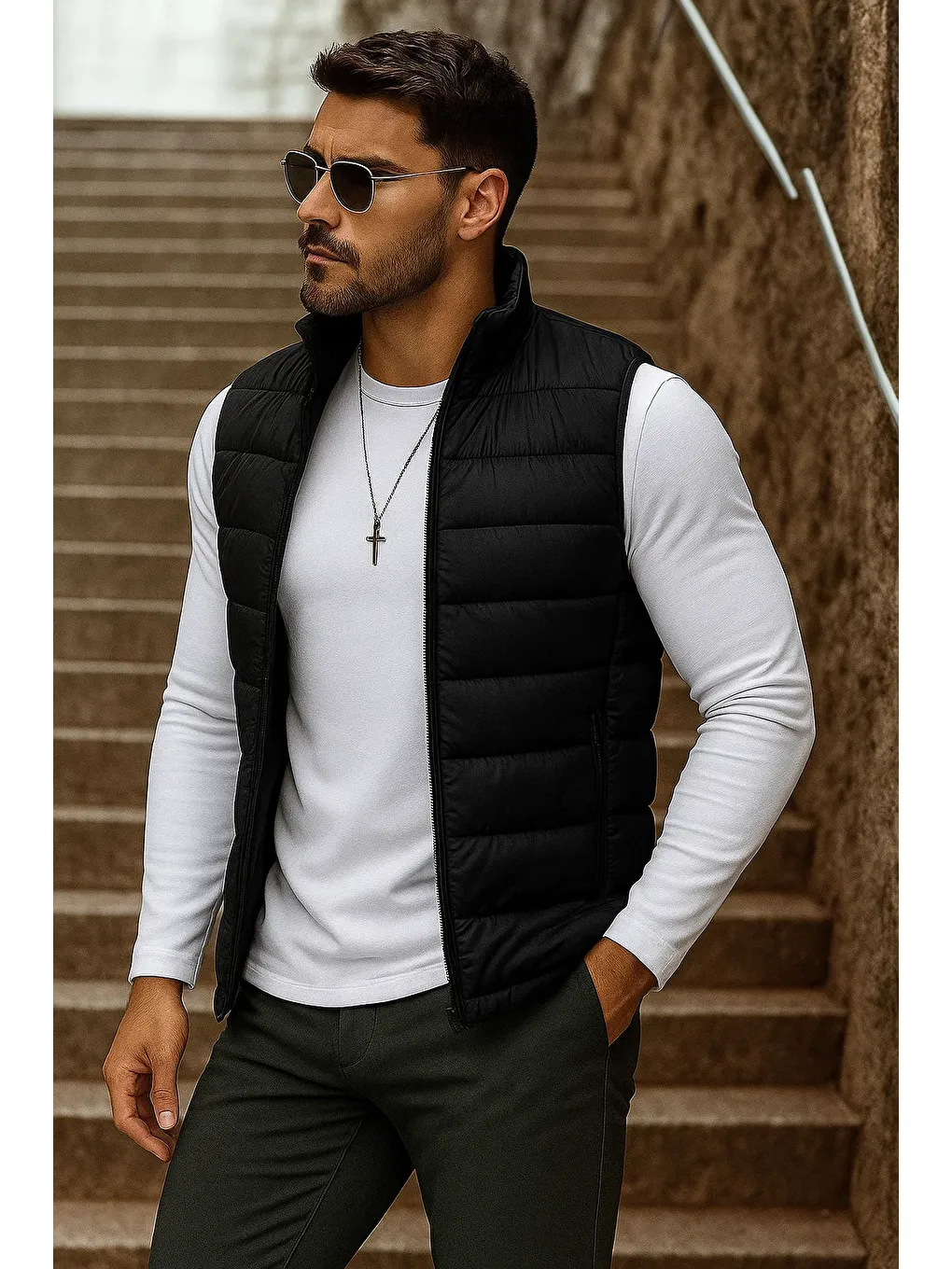 Erkek Cepli Kışlık Fermuarlı Basic Siyah Şişme Yelek-3