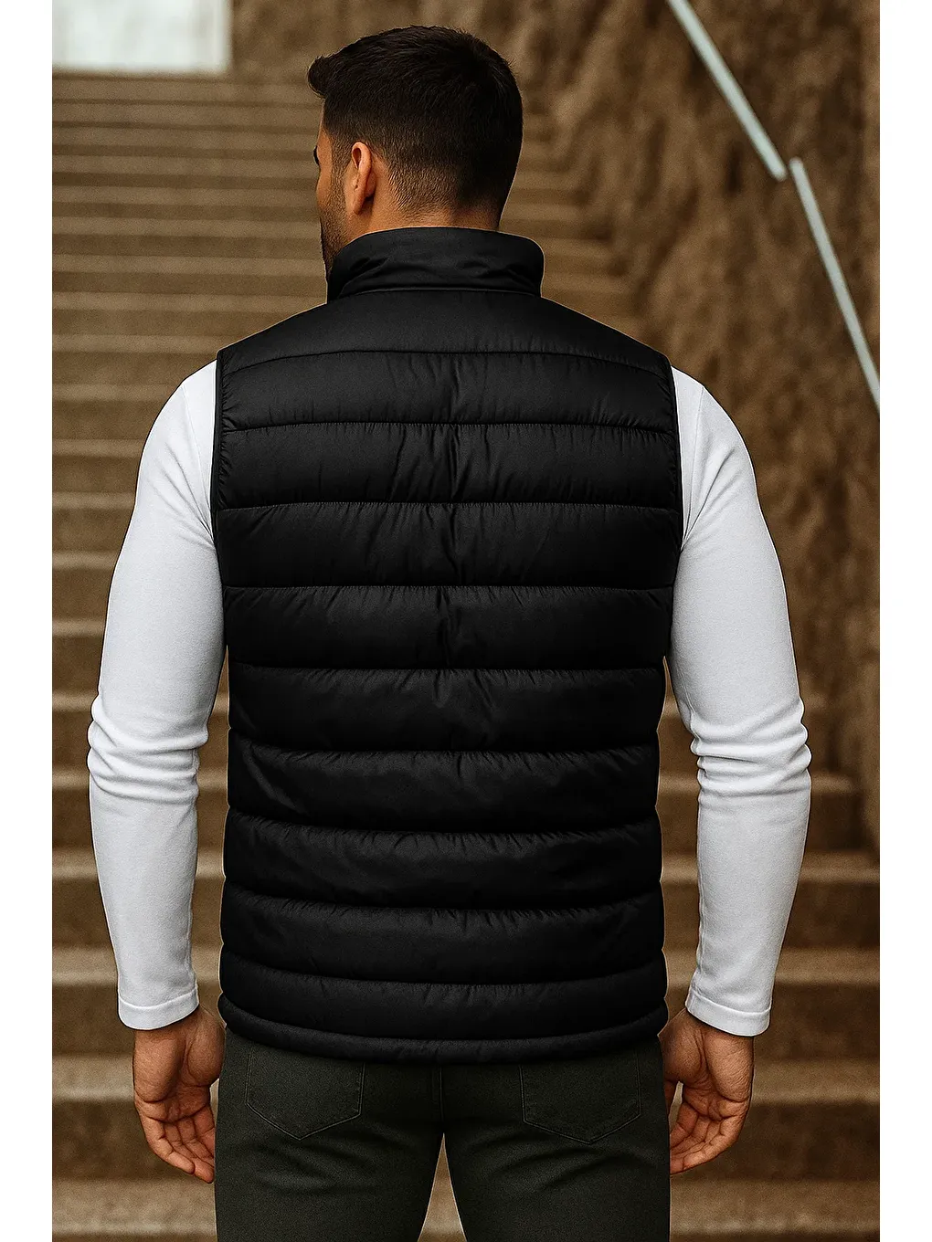 Erkek Cepli Kışlık Fermuarlı Basic Siyah Şişme Yelek-4