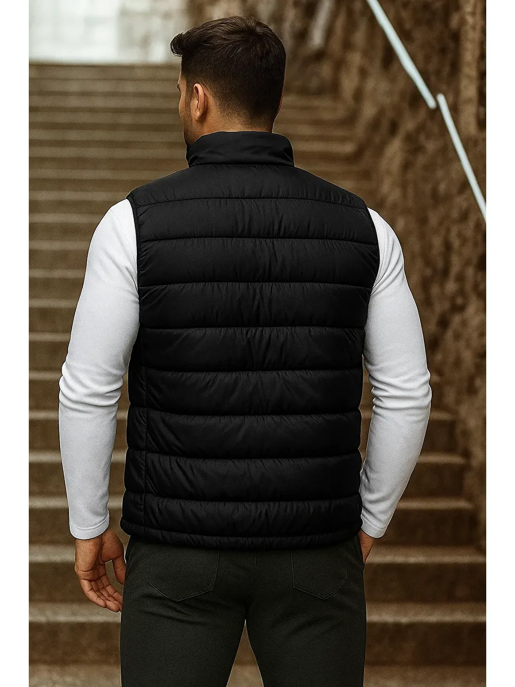 Erkek Cepli Kışlık Fermuarlı Basic Siyah Şişme Yelek-5