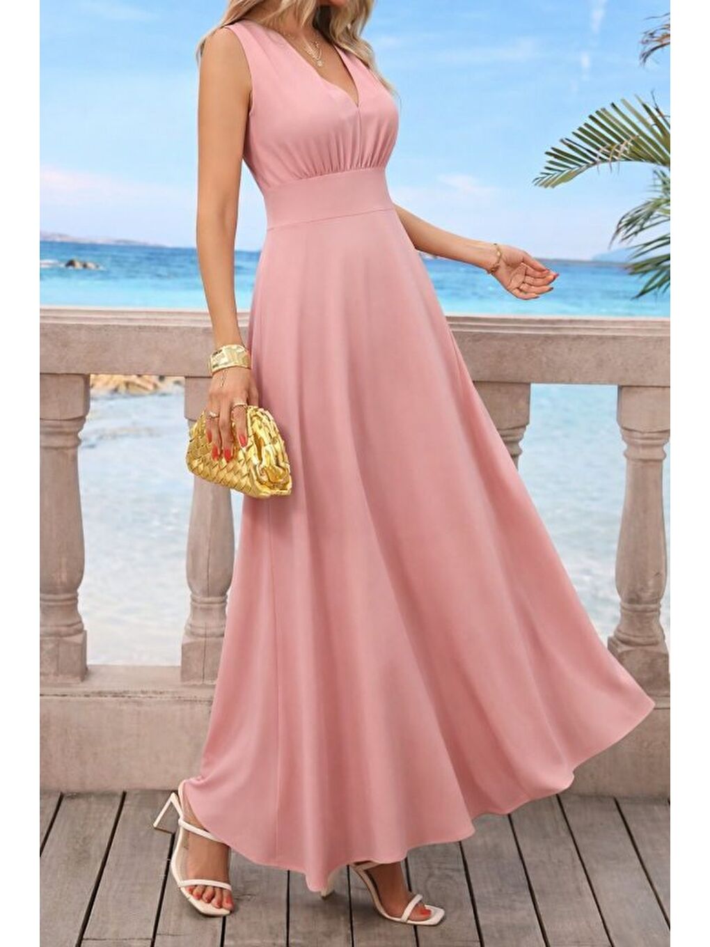 Pembe Kadın Askılı V Yakalı Bel Korsaj Detaylı Uzun Ithal Krep Elbise-2