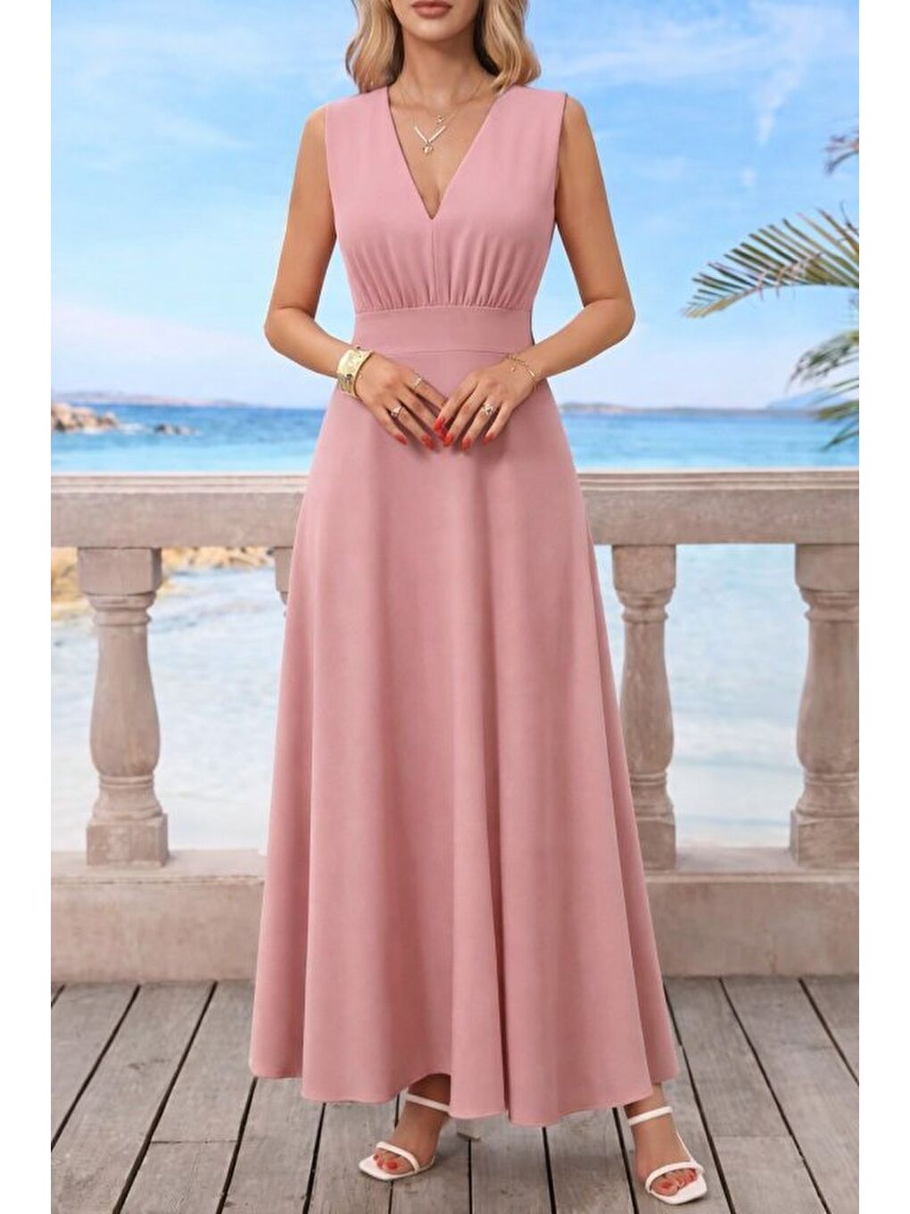 Pembe Kadın Askılı V Yakalı Bel Korsaj Detaylı Uzun Ithal Krep Elbise-3