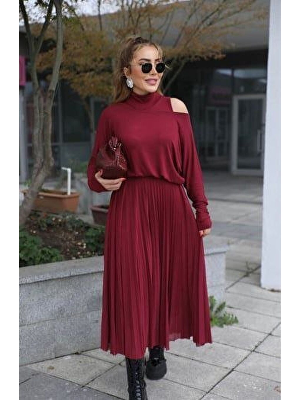 Bordo Kadın Triko Plise Ve Tül Detay Iki Parça Elbise-1