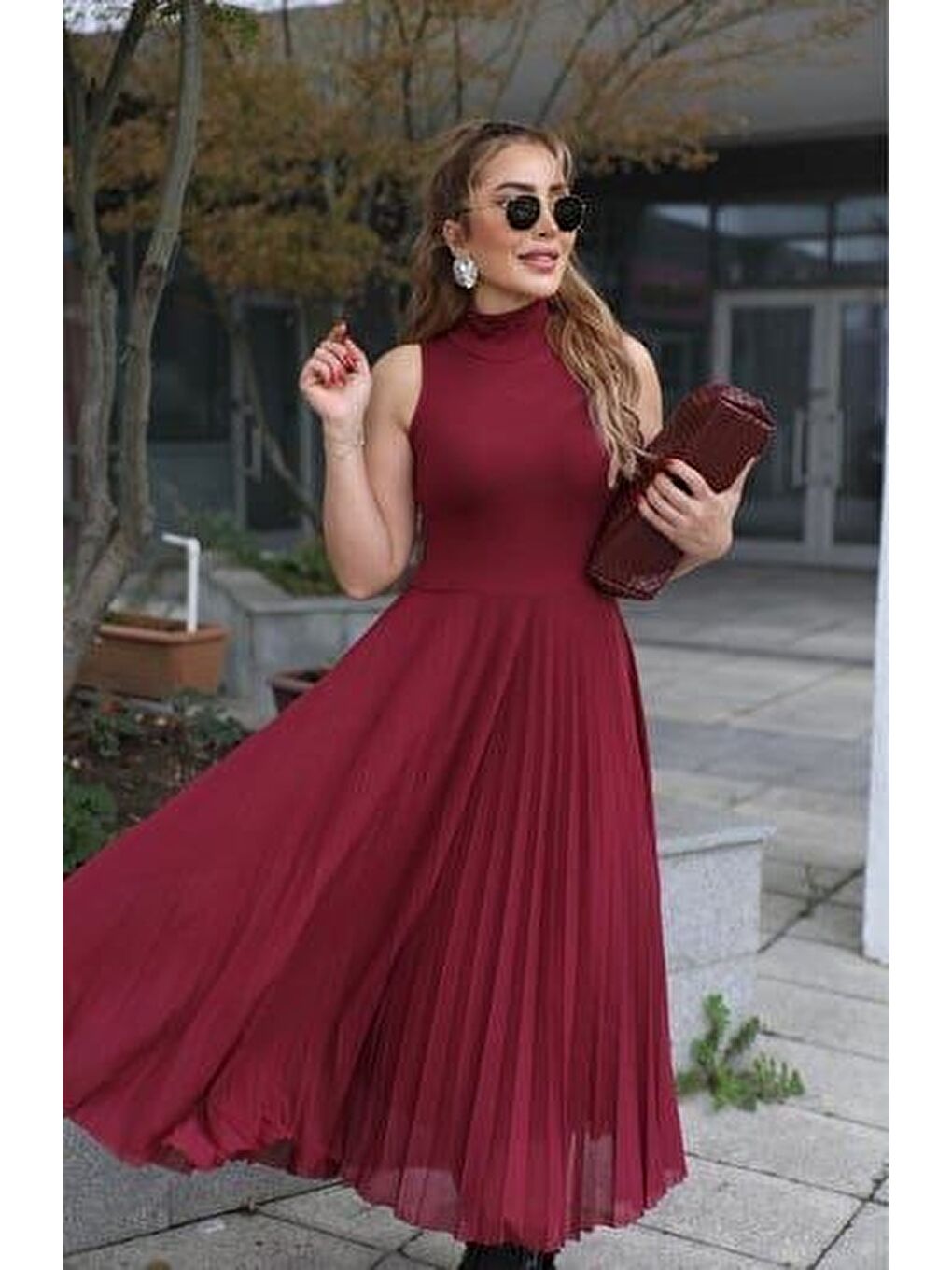 Bordo Kadın Triko Plise Ve Tül Detay Iki Parça Elbise-2