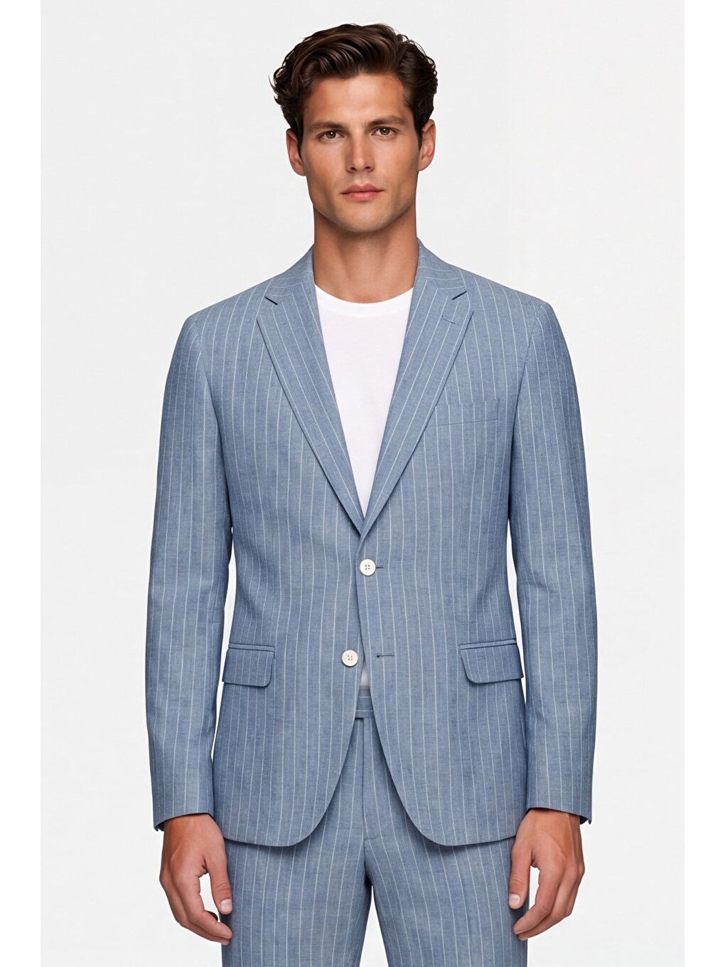 Giotelli Erkek Mavi Dar Kesim Slim Fit Viskon Çizgili Mono Yaka 8 Drop Yelekli Takım Elbise