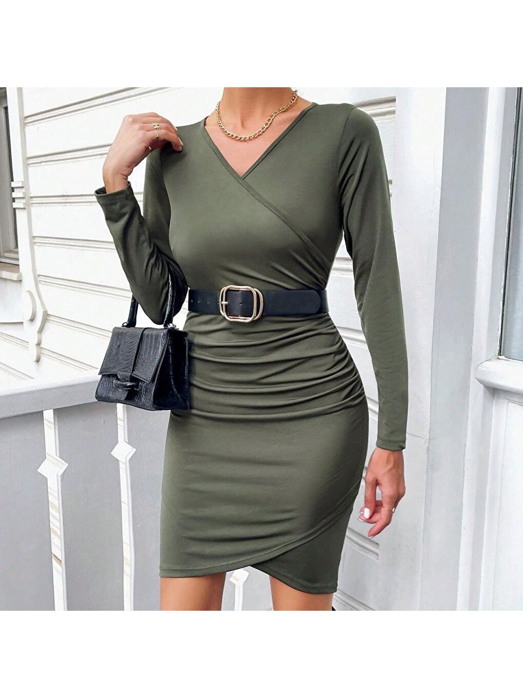 Haki Kadın Uzun Kollu Kruvaze Yaka önden Pileli Sandy Kumaş Elbise (kemer Dahil Değil)-1