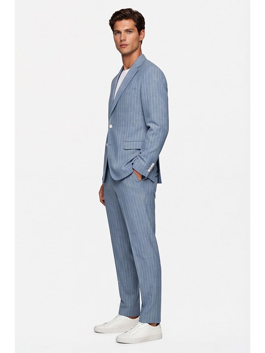 Giotelli Erkek Mavi Dar Kesim Slim Fit Viskon Çizgili Mono Yaka 8 Drop Yelekli Takım Elbise-1