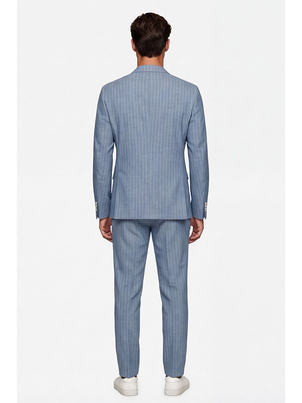 Giotelli Erkek Mavi Dar Kesim Slim Fit Viskon Çizgili Mono Yaka 8 Drop Yelekli Takım Elbise-2