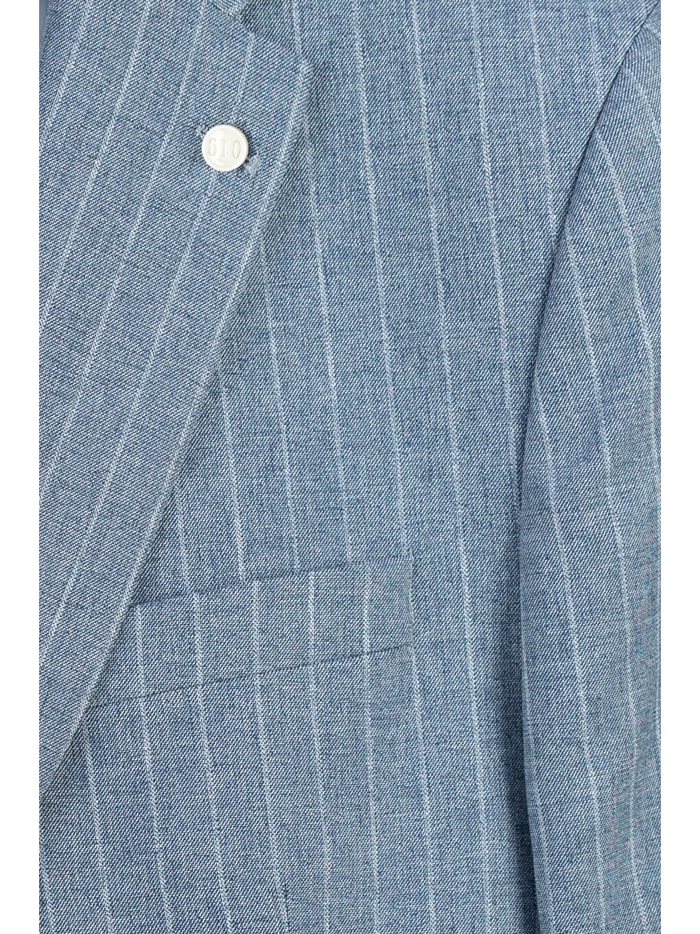 Giotelli Erkek Mavi Dar Kesim Slim Fit Viskon Çizgili Mono Yaka 8 Drop Yelekli Takım Elbise-3