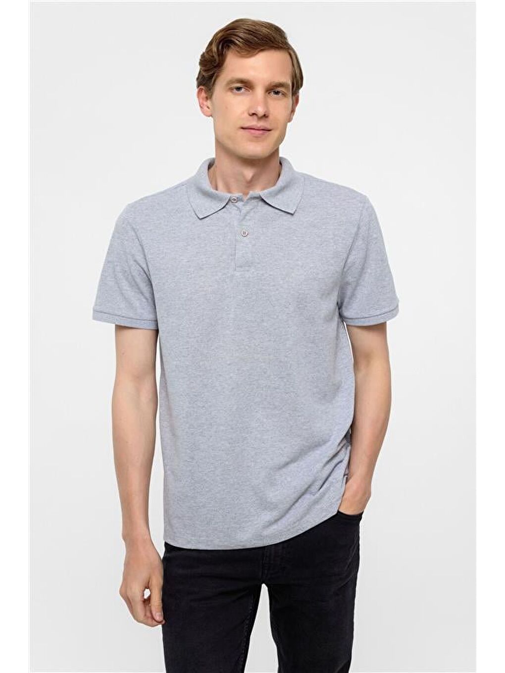 Gri Regular Armürlü Polo Yaka Tişört-1