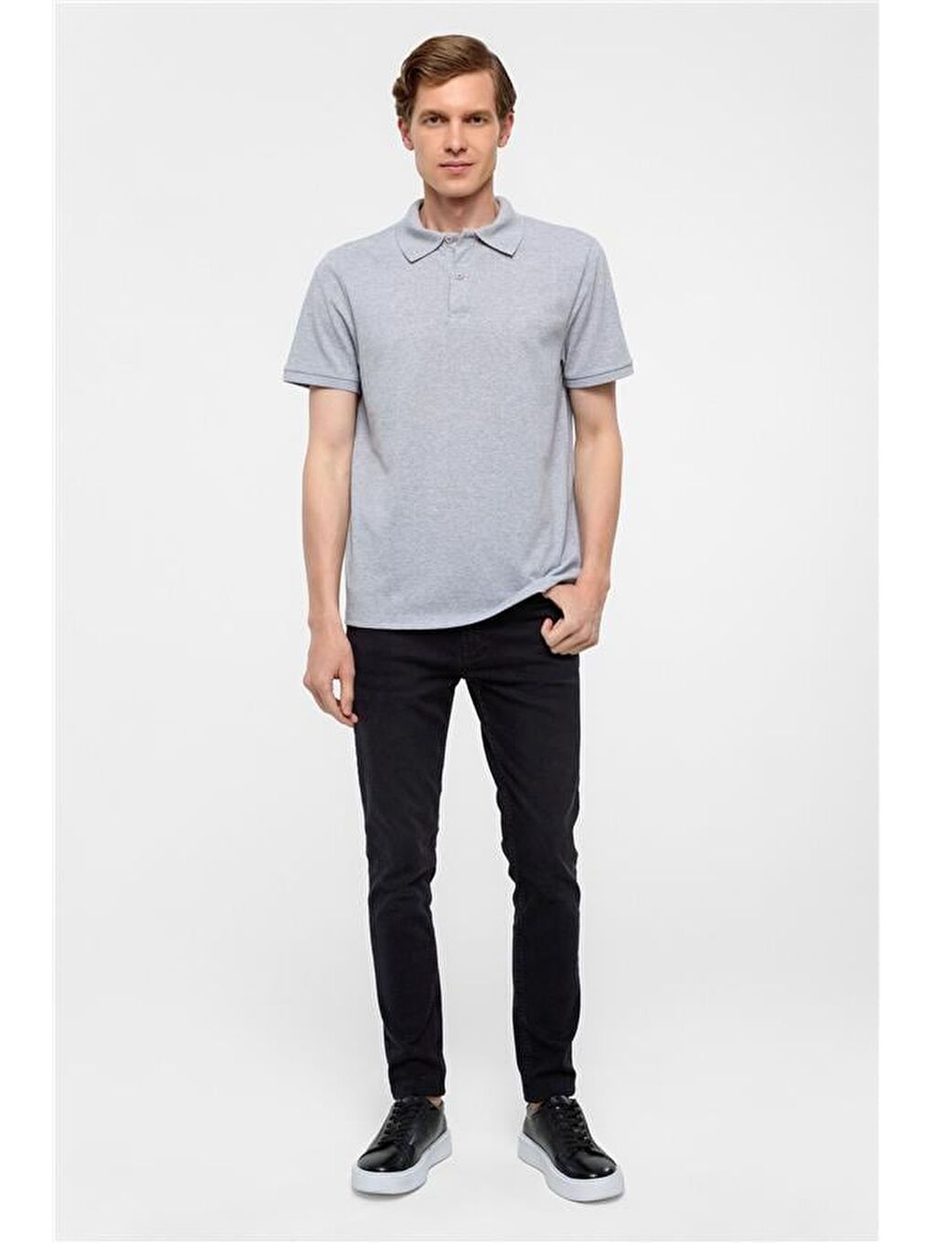 Gri Regular Armürlü Polo Yaka Tişört-5