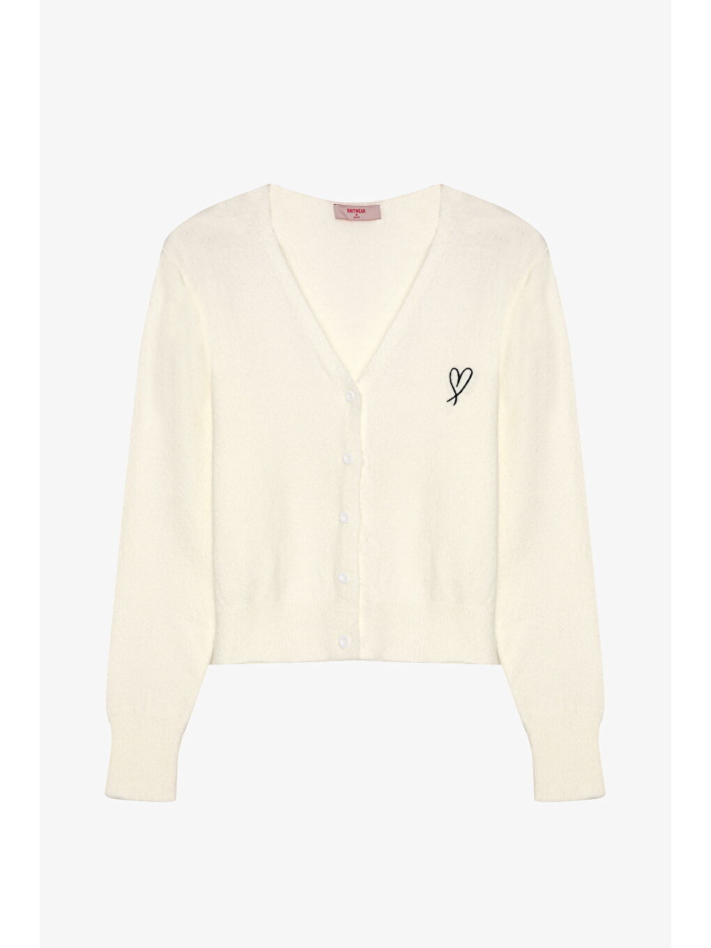 Ekru kalp nakışlı düğmeli v yaka triko hırka ekru
