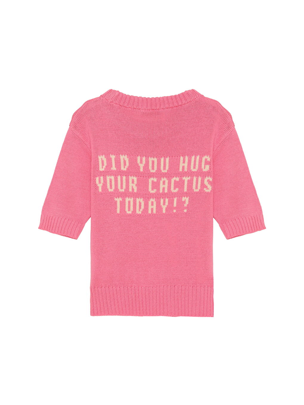 Sırtı Yazı Baskılı Kısa Kol Triko Kazak Pembe-1