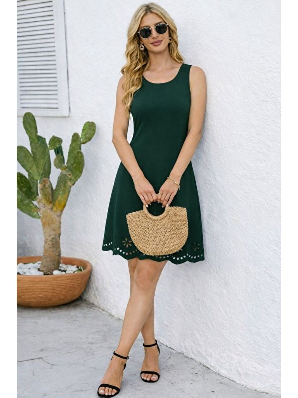 Yeşil Kadın Askılı Yuvarlak Yakalı çiçek Desenli Ithal Krep Kısa Elbise-2