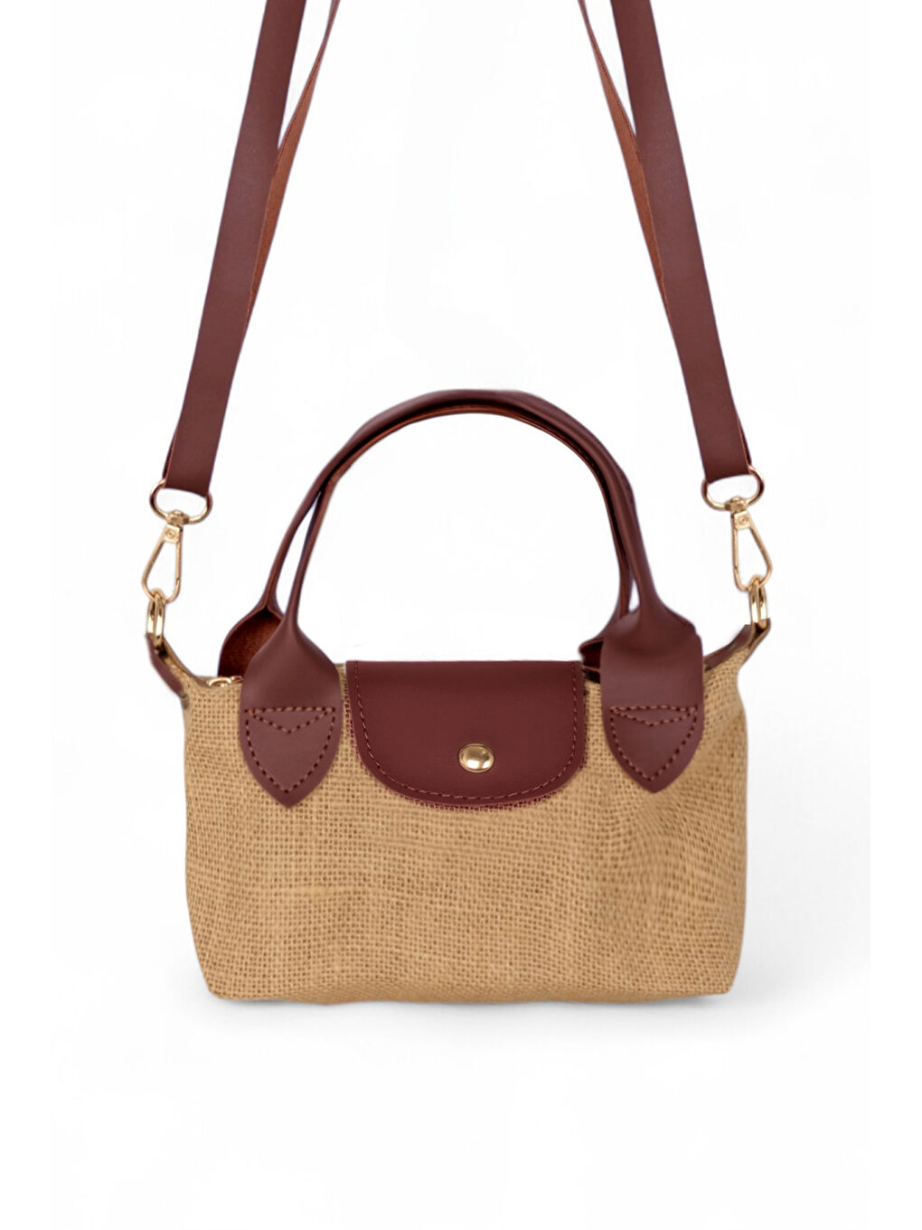 Kahverengi Kadın Taba Mini Boy Askılı Hasır El ve Çapraz Çanta-2