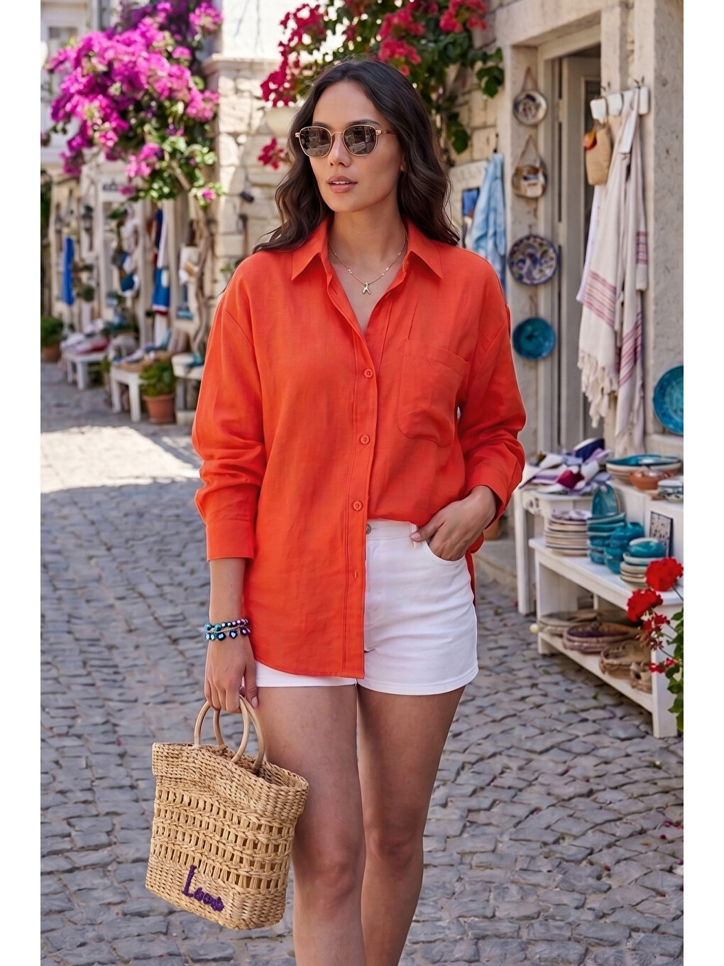 Kırmızı Modal Oversize Fit Uzun Kollu Kadın Gömlek 6834612