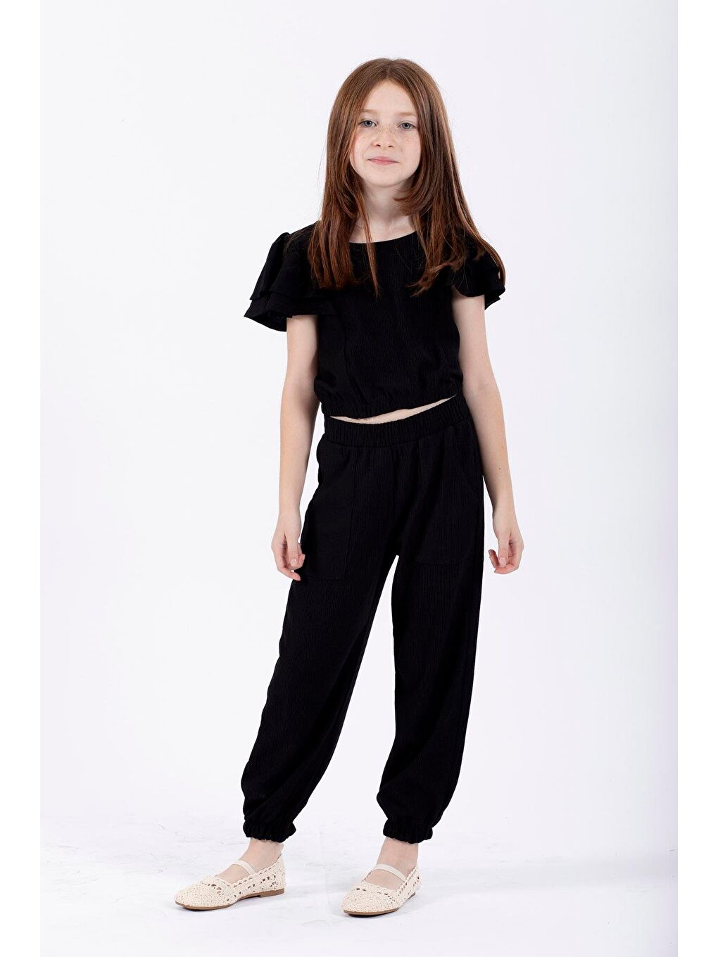 Bisiklet Yaka Paca Lastikli Siyah Renk Kız Çocuk İkili Takım