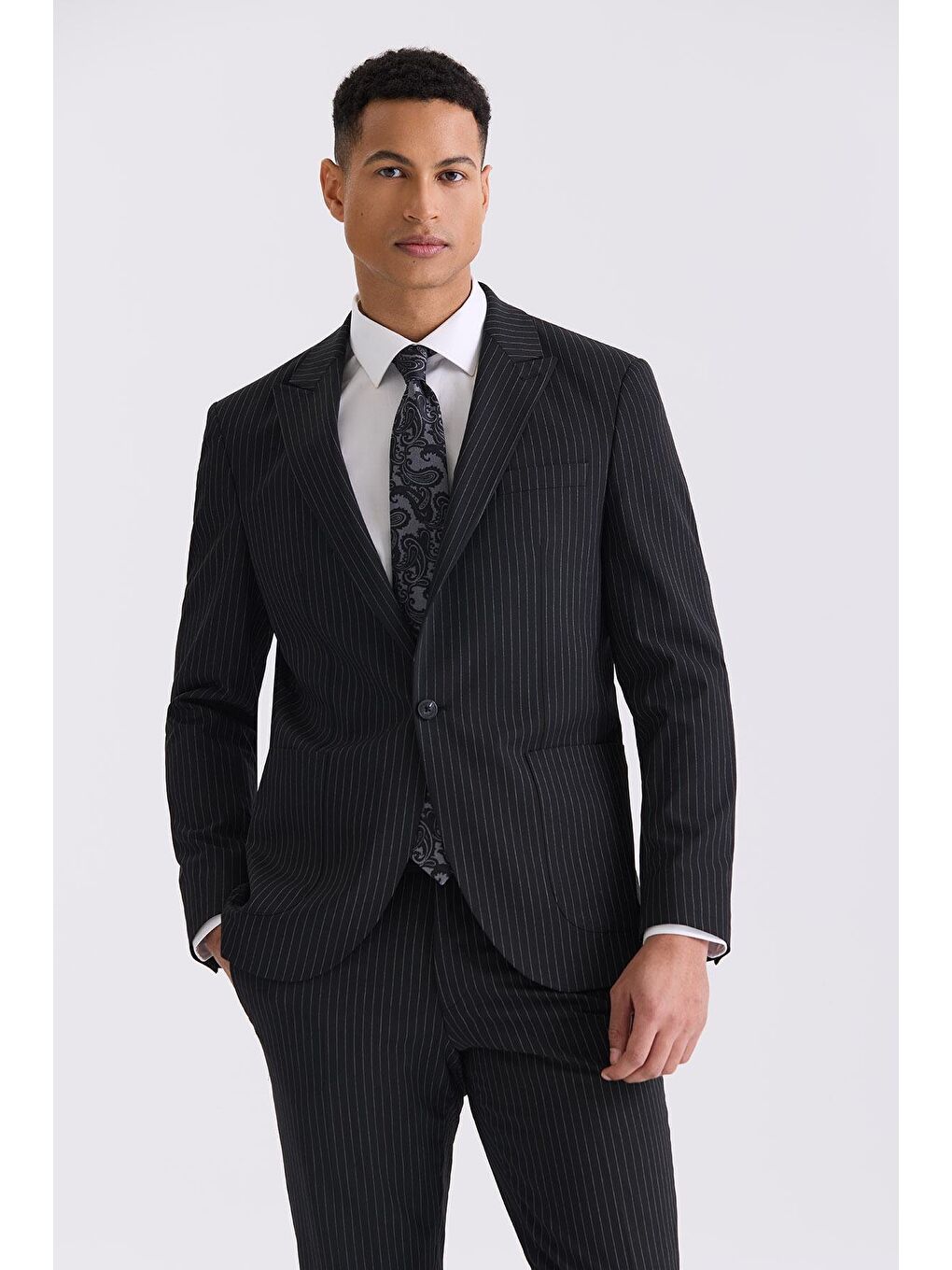 Siyah Slim Fit Sivri Yaka Strech Çizgili Jogger Takım Elbise-1