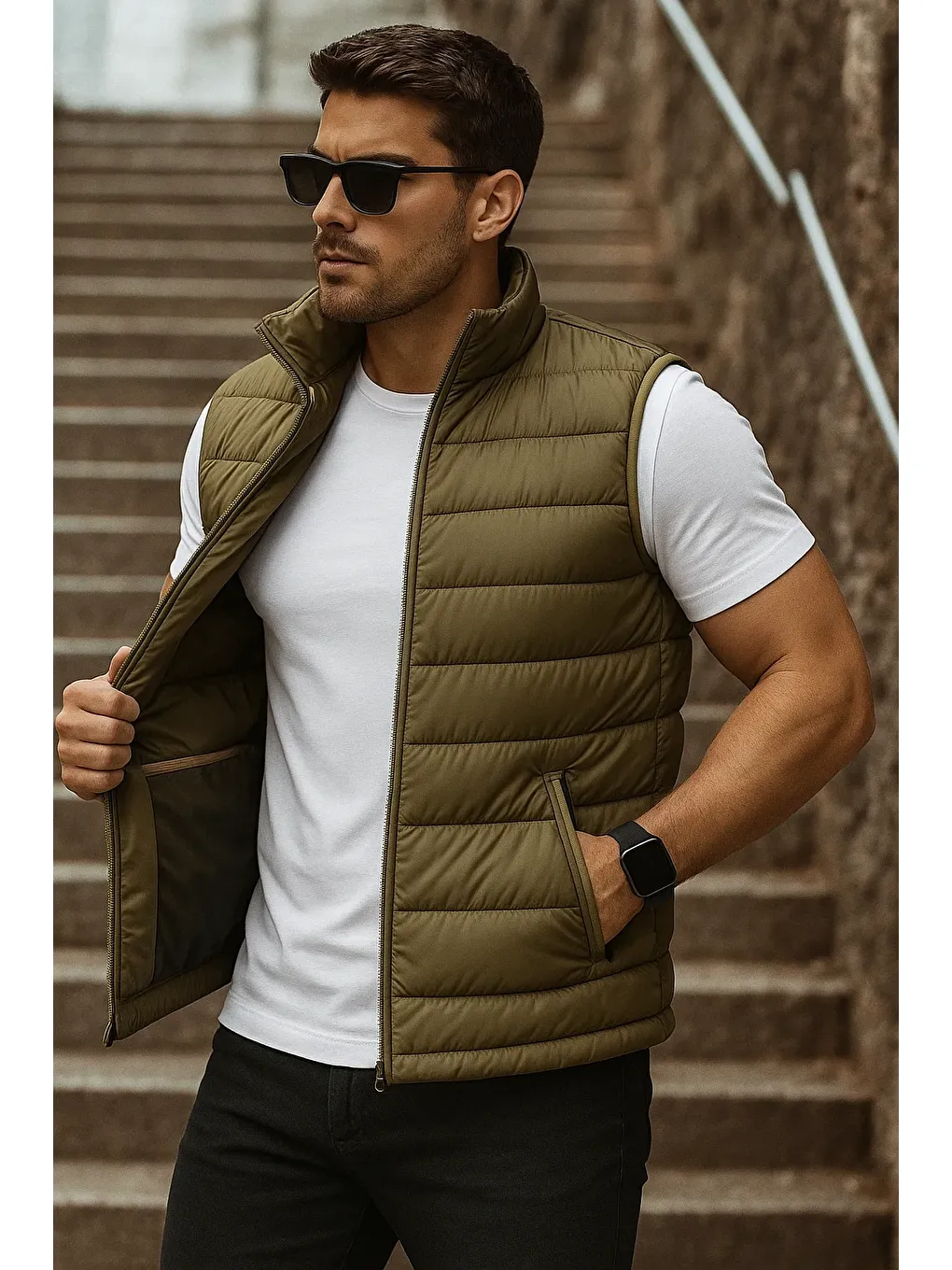 Erkek Cepli Kışlık Fermuarlı Basic Haki Şişme Yelek