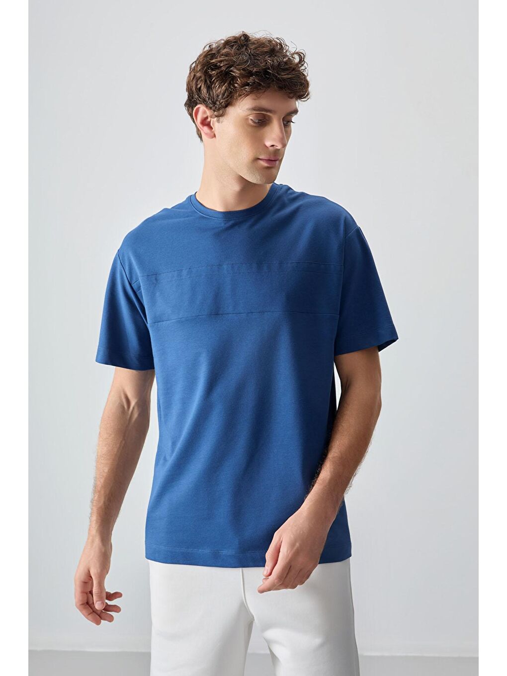 AIR JONES Koyu Mavi Parlament Pamuklu Kalın Yumuşak Dokulu Oversize Fit Basic Erkek T-Shirt - 88378