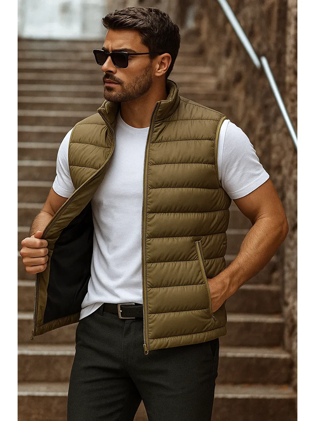 Erkek Cepli Kışlık Fermuarlı Basic Haki Şişme Yelek-1