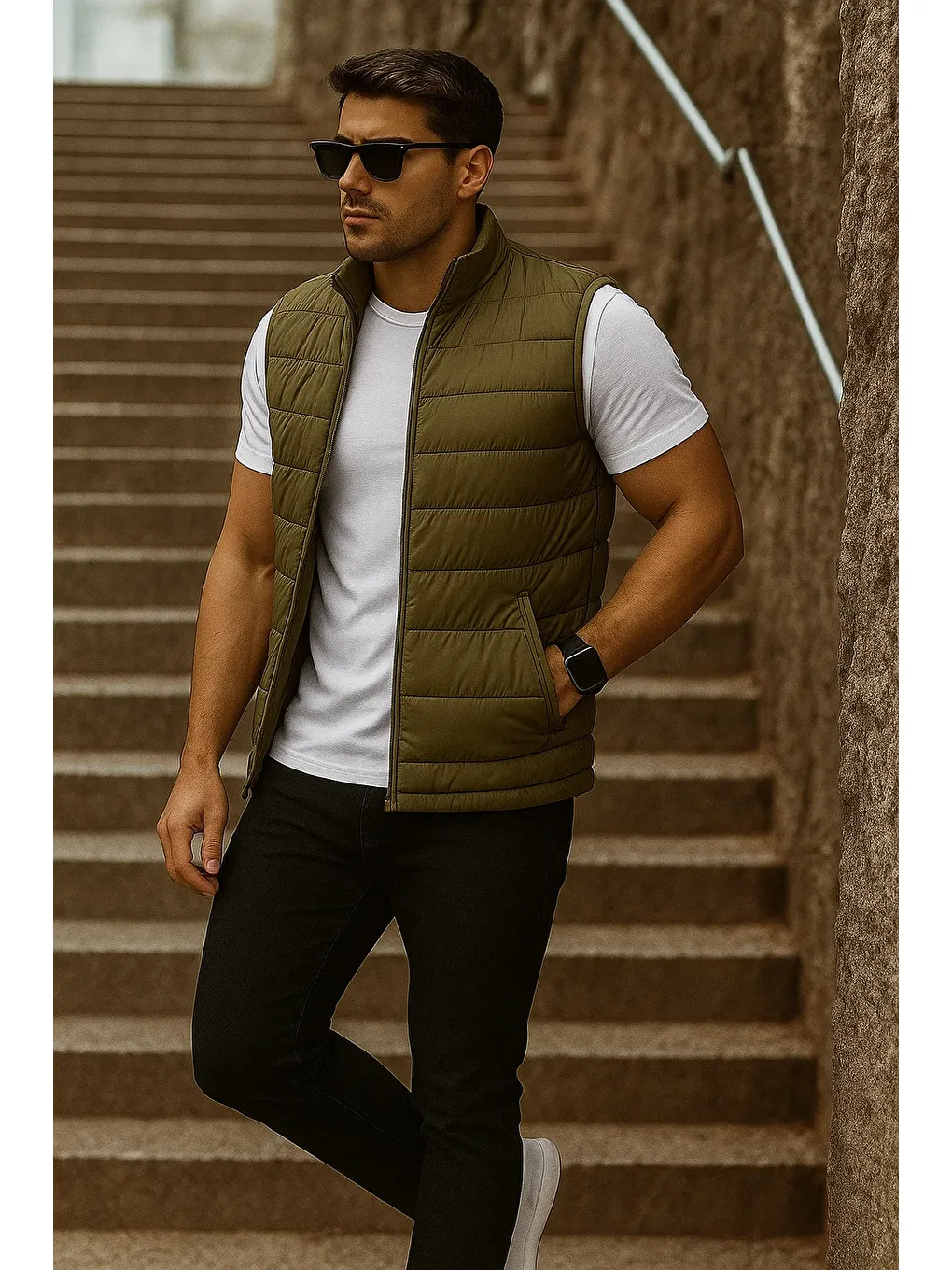 Erkek Cepli Kışlık Fermuarlı Basic Haki Şişme Yelek-2