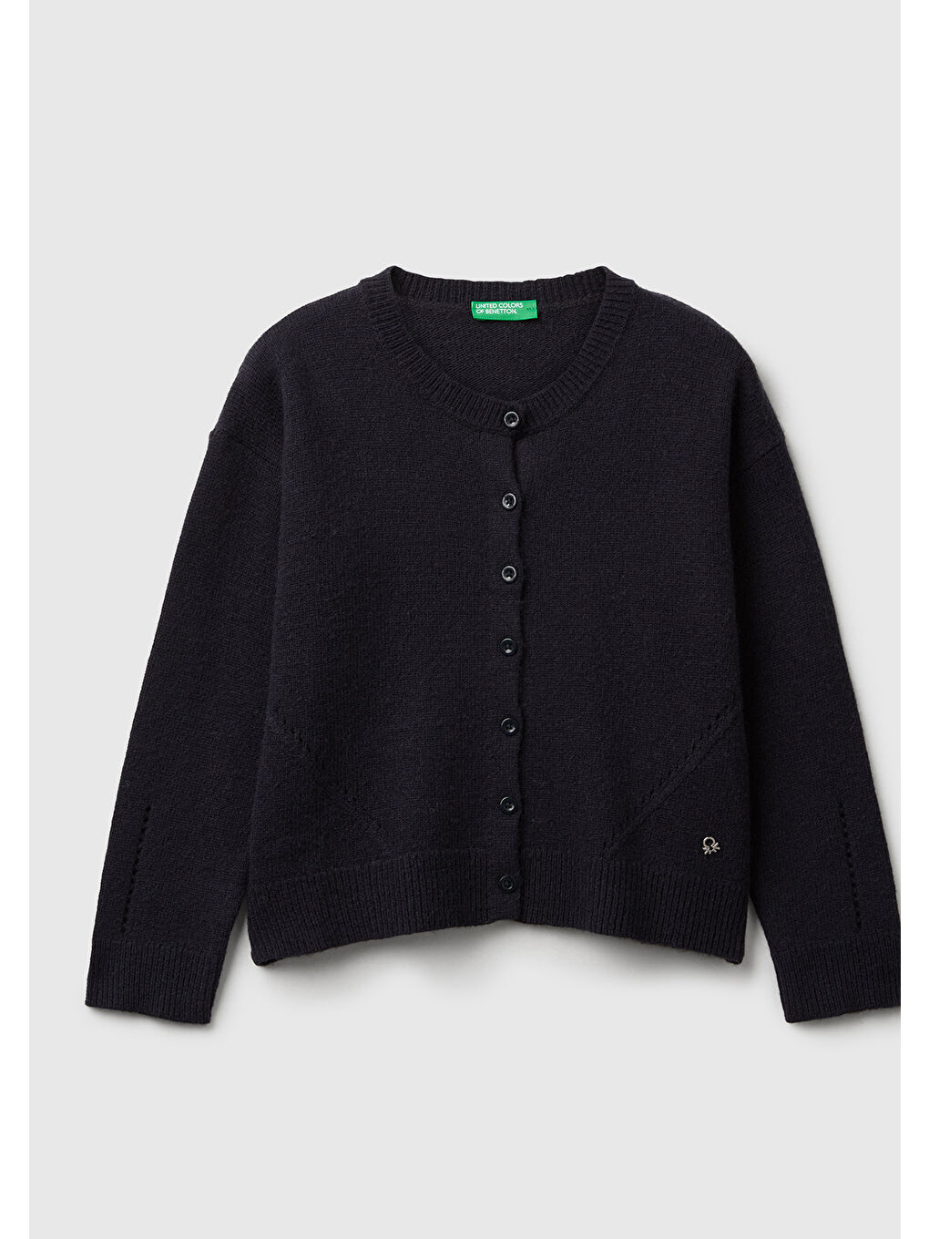 Kız Çocuk Lacivert Yün Karışımlı Logo Detaylı Nervürlü Hırka