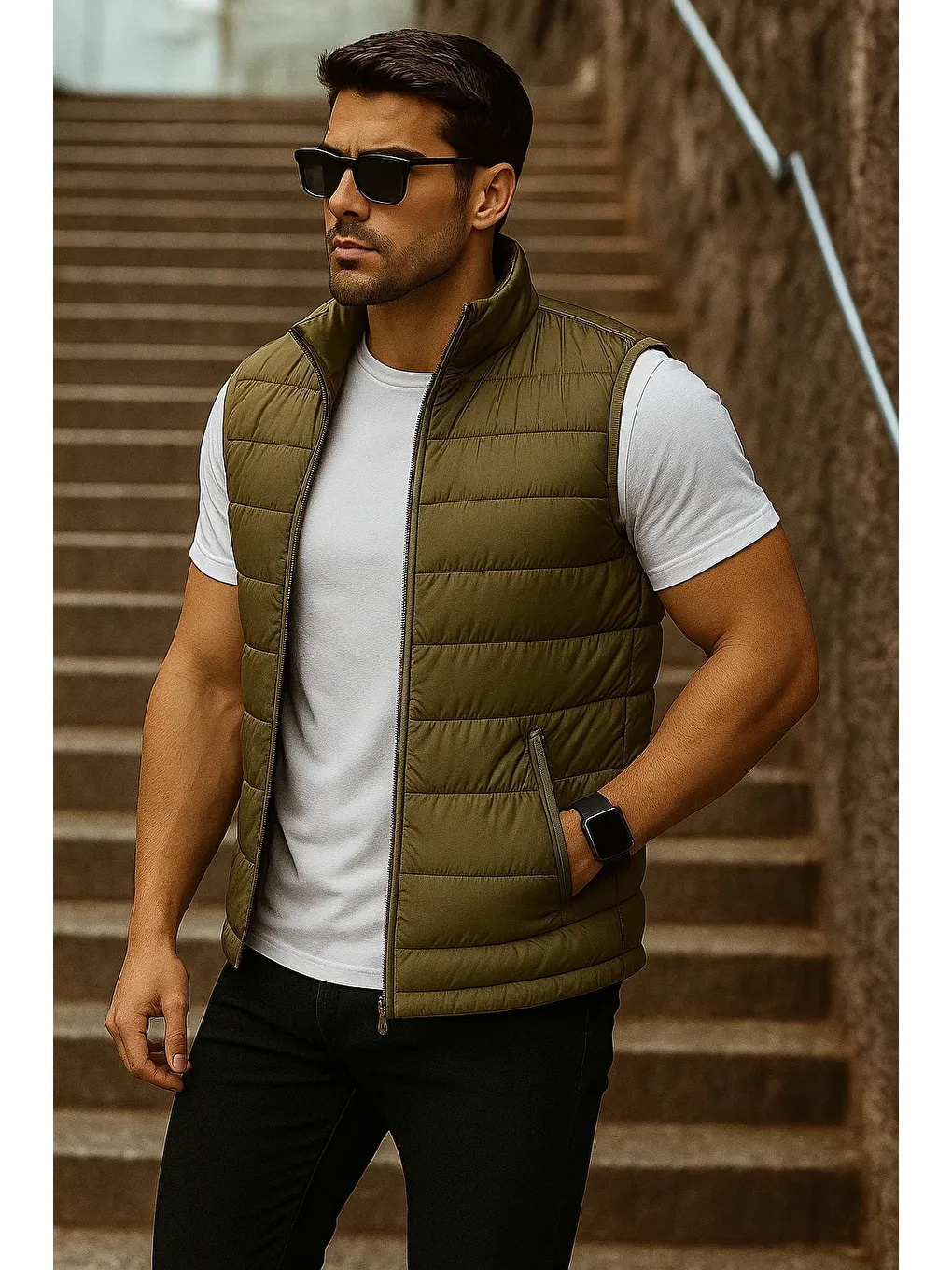 Erkek Cepli Kışlık Fermuarlı Basic Haki Şişme Yelek-3