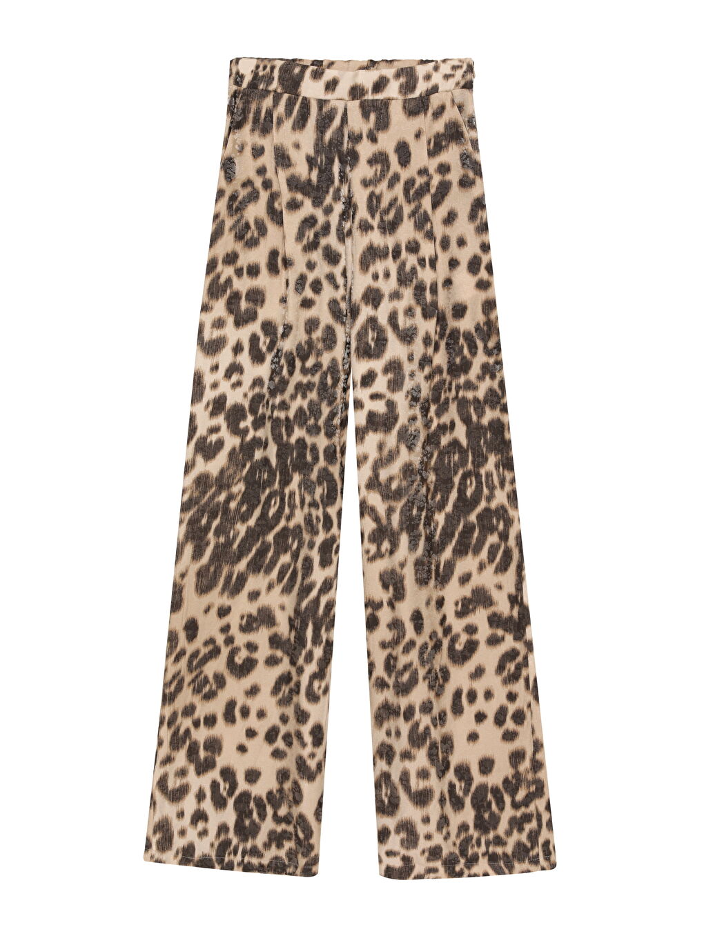 QUZU Bej Leopar Desenli Geniş Paça Pantolon Taş