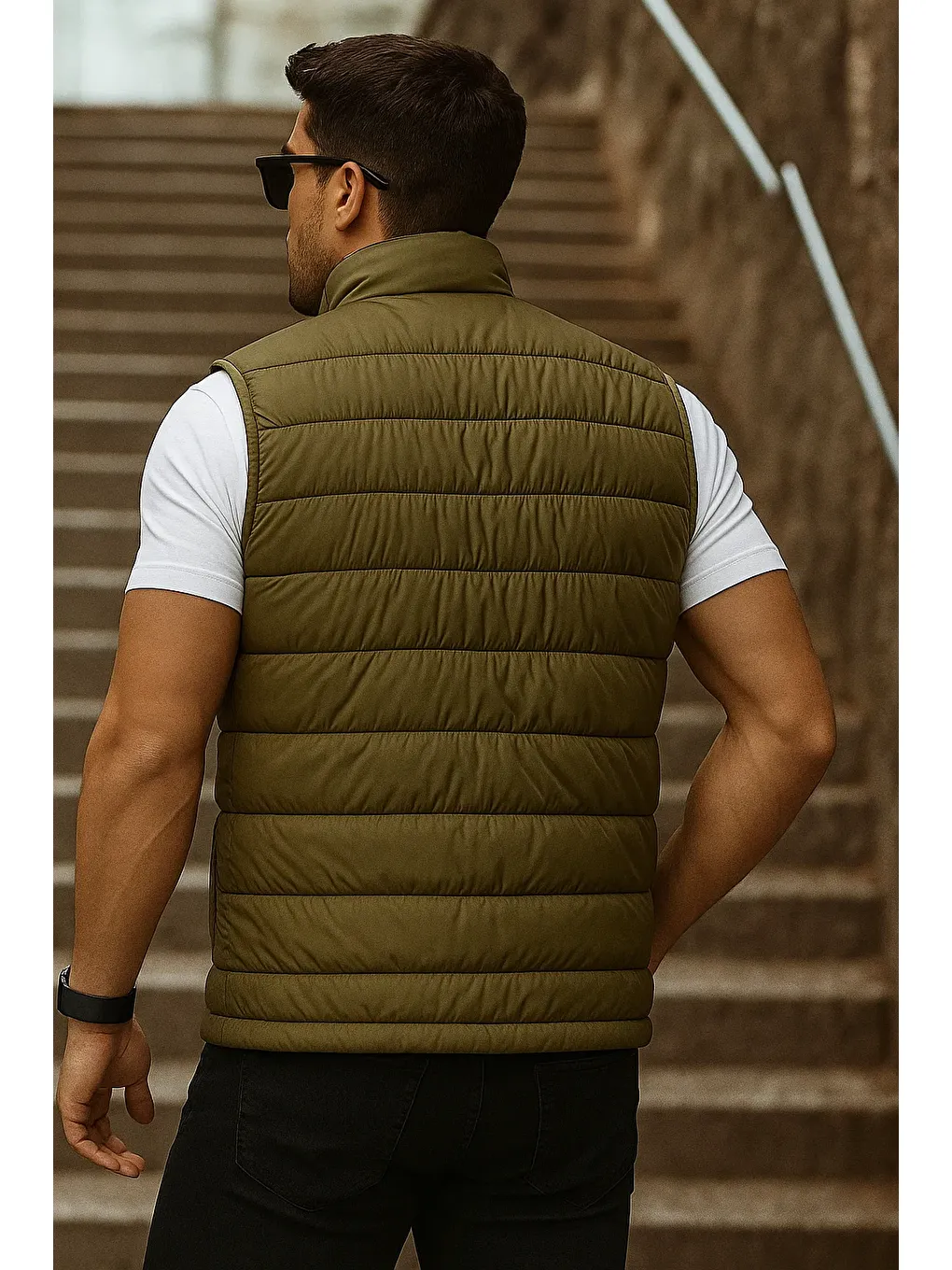 Erkek Cepli Kışlık Fermuarlı Basic Haki Şişme Yelek-4
