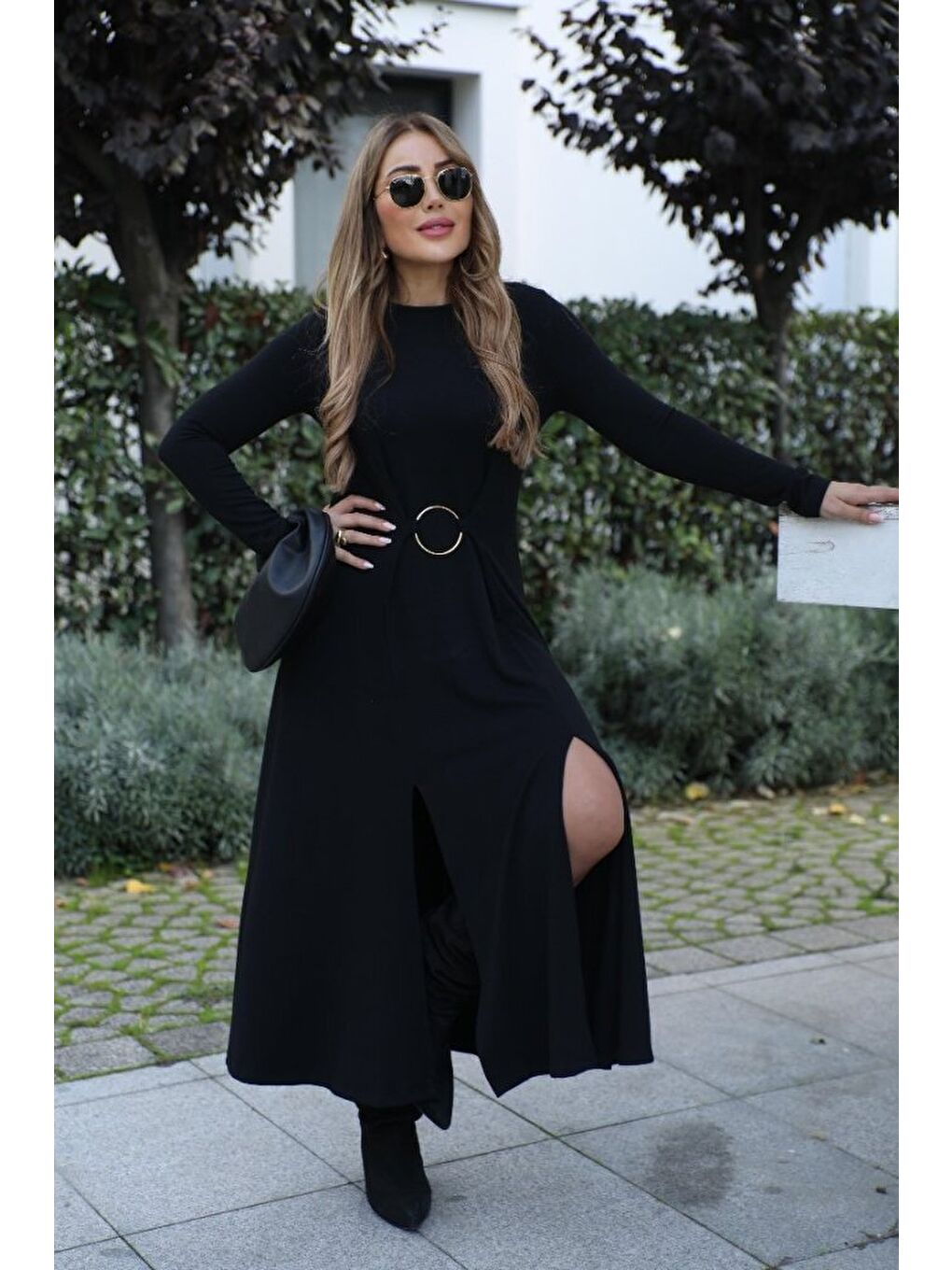 Siyah Kadın Uzun Kollu Bisiklet Yaka önden Halka Detaylı Yırtmaçlı Uzun Viskon Iki Iplik Elbise-1