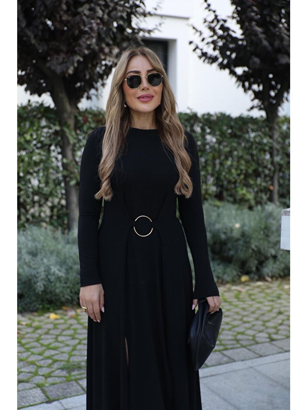 Siyah Kadın Uzun Kollu Bisiklet Yaka önden Halka Detaylı Yırtmaçlı Uzun Viskon Iki Iplik Elbise-2
