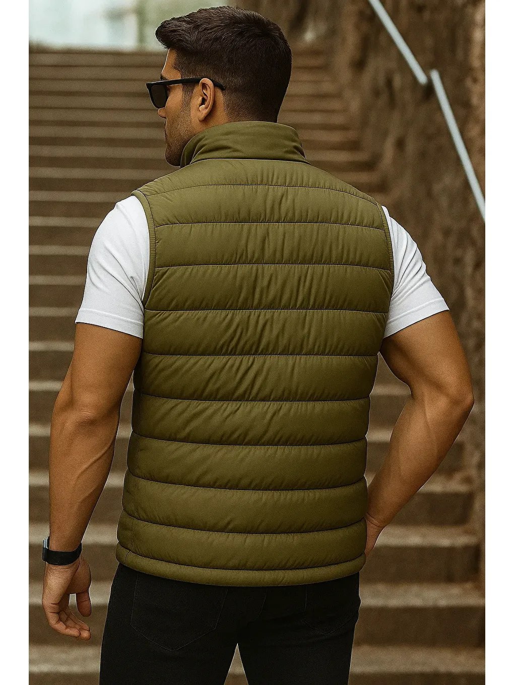 Erkek Cepli Kışlık Fermuarlı Basic Haki Şişme Yelek-5