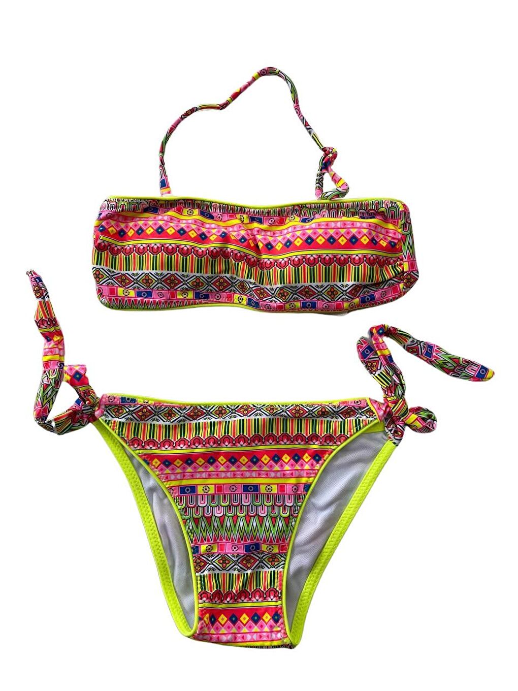 hazelin Siyah-Renklidesenli Kız Çocuk Neon Sarı Çok Renkli Astarlı 4-12 Yaş Straplez Bikini Takım