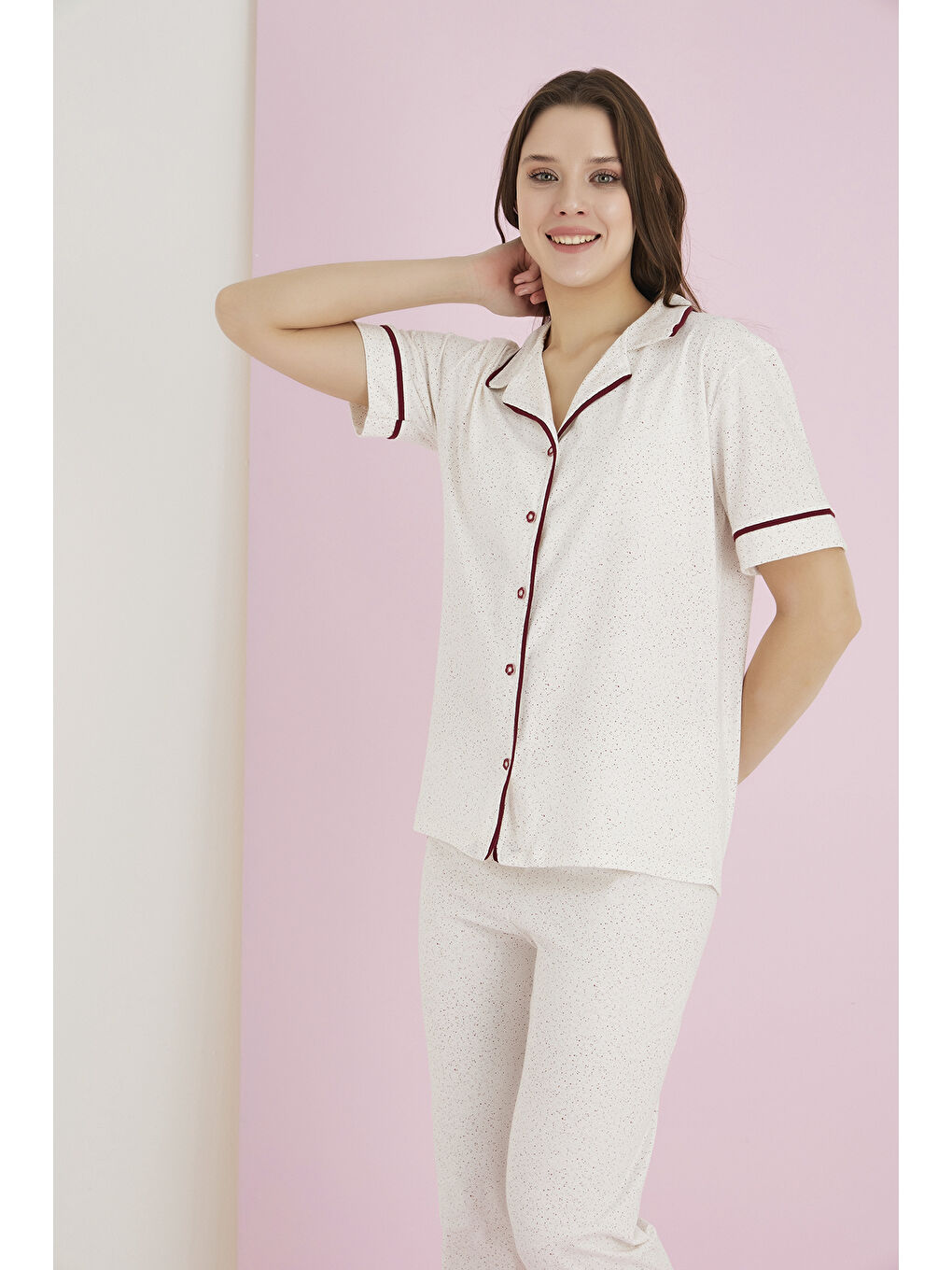 Beyaz Penye Düğmeli Pijama Takımı 7093-9-1