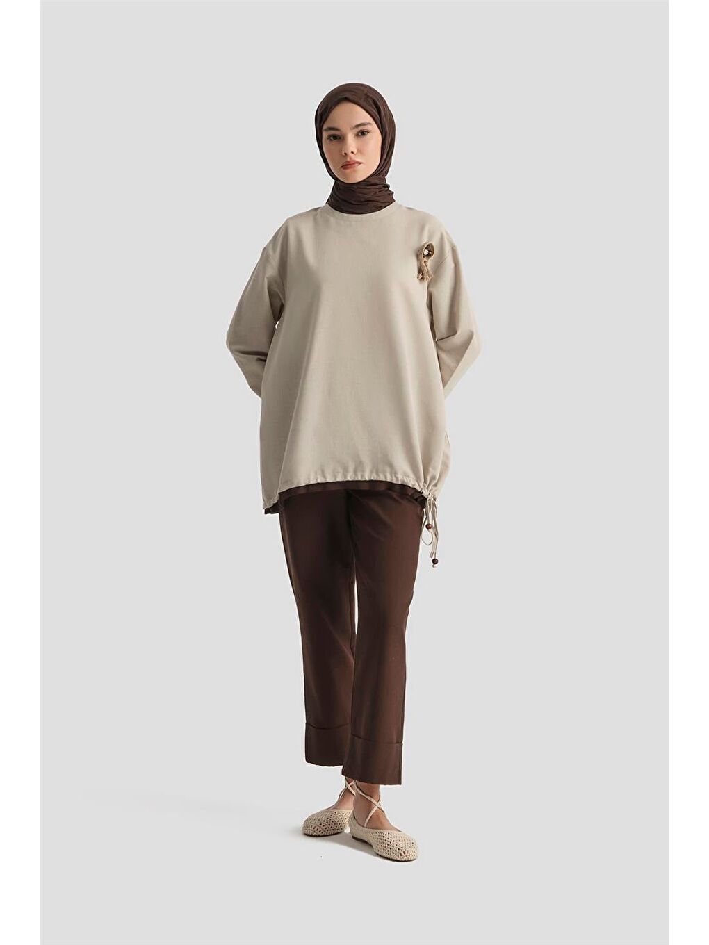 Bej Broşlu Keten Tunik 25Y4620 Taş-1