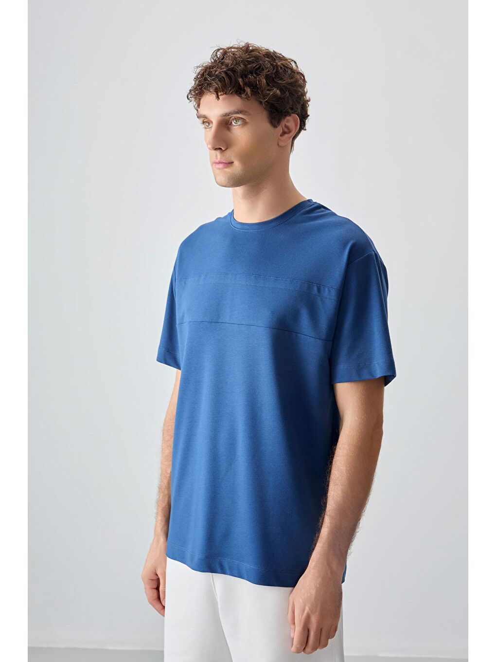 AIR JONES Koyu Mavi Parlament Pamuklu Kalın Yumuşak Dokulu Oversize Fit Basic Erkek T-Shirt - 88378 - 3