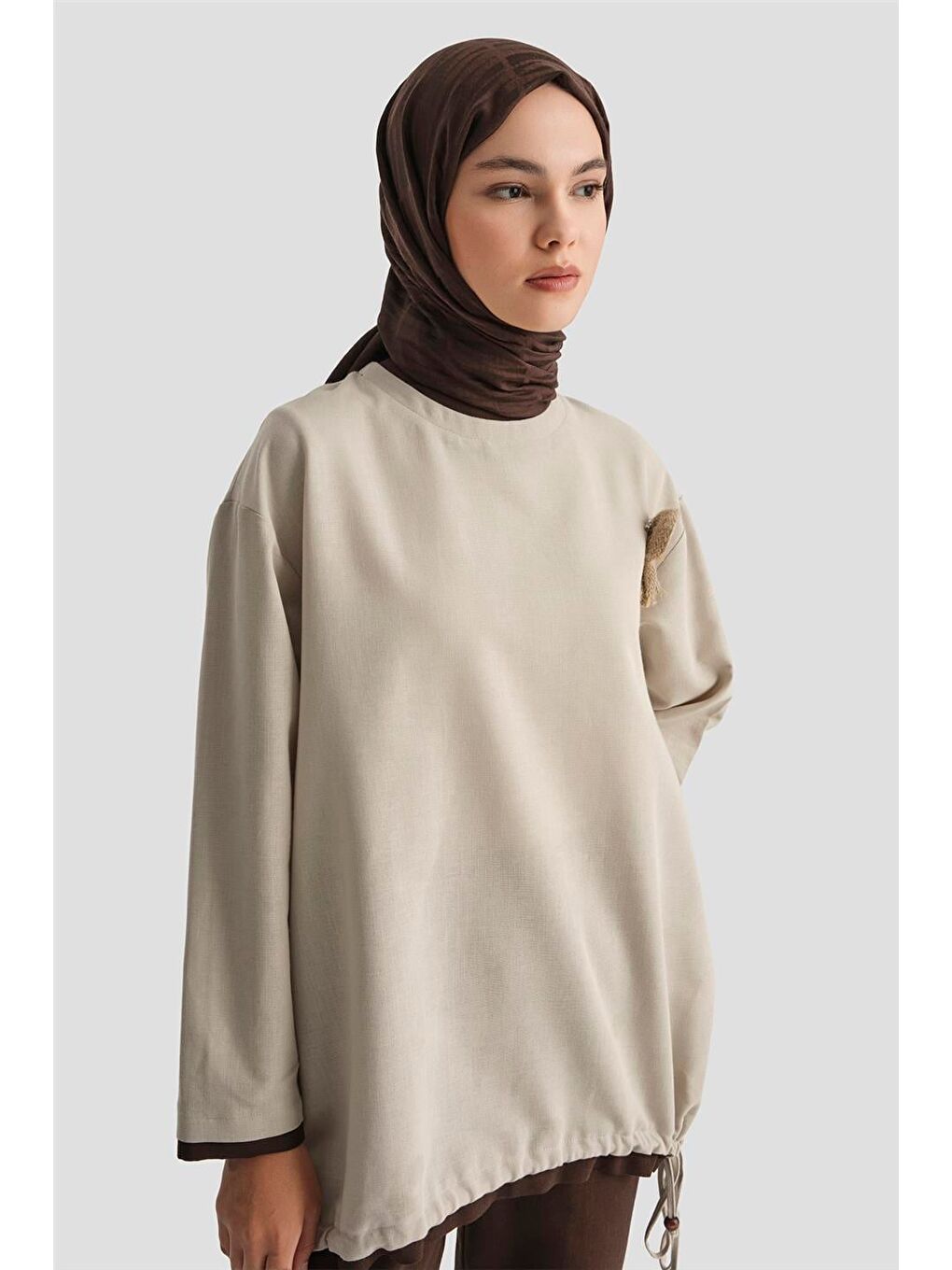 Bej Broşlu Keten Tunik 25Y4620 Taş-2