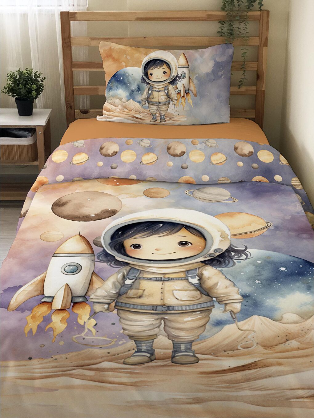 EVMİLA Karışık Astronot Desenli Çarşafsız 2'li Takım Baskılı Tek Kişilik Nevresim Takımı 160x220 cm