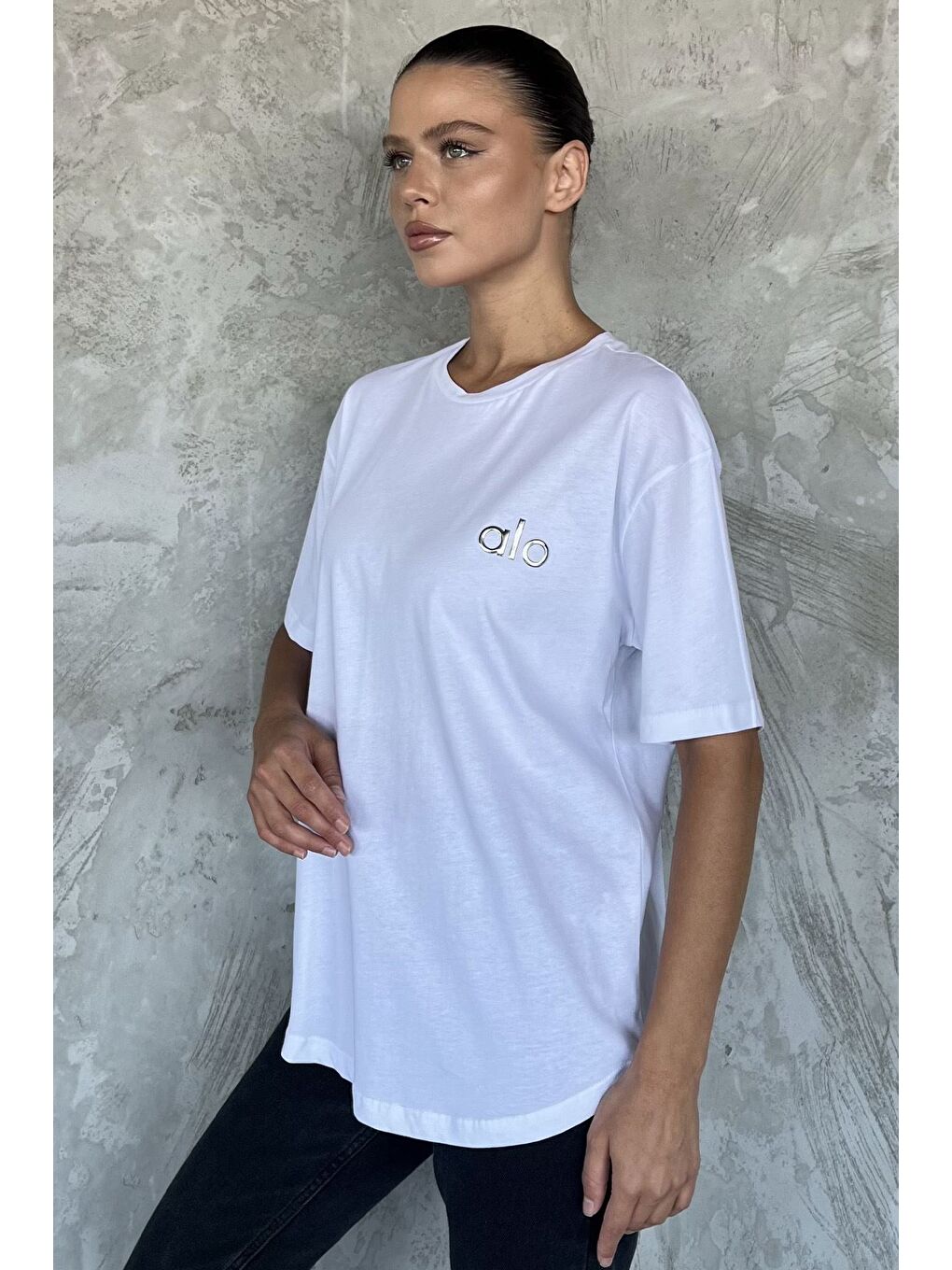 Beyaz Baskılı Salaş Basic Tişört-1