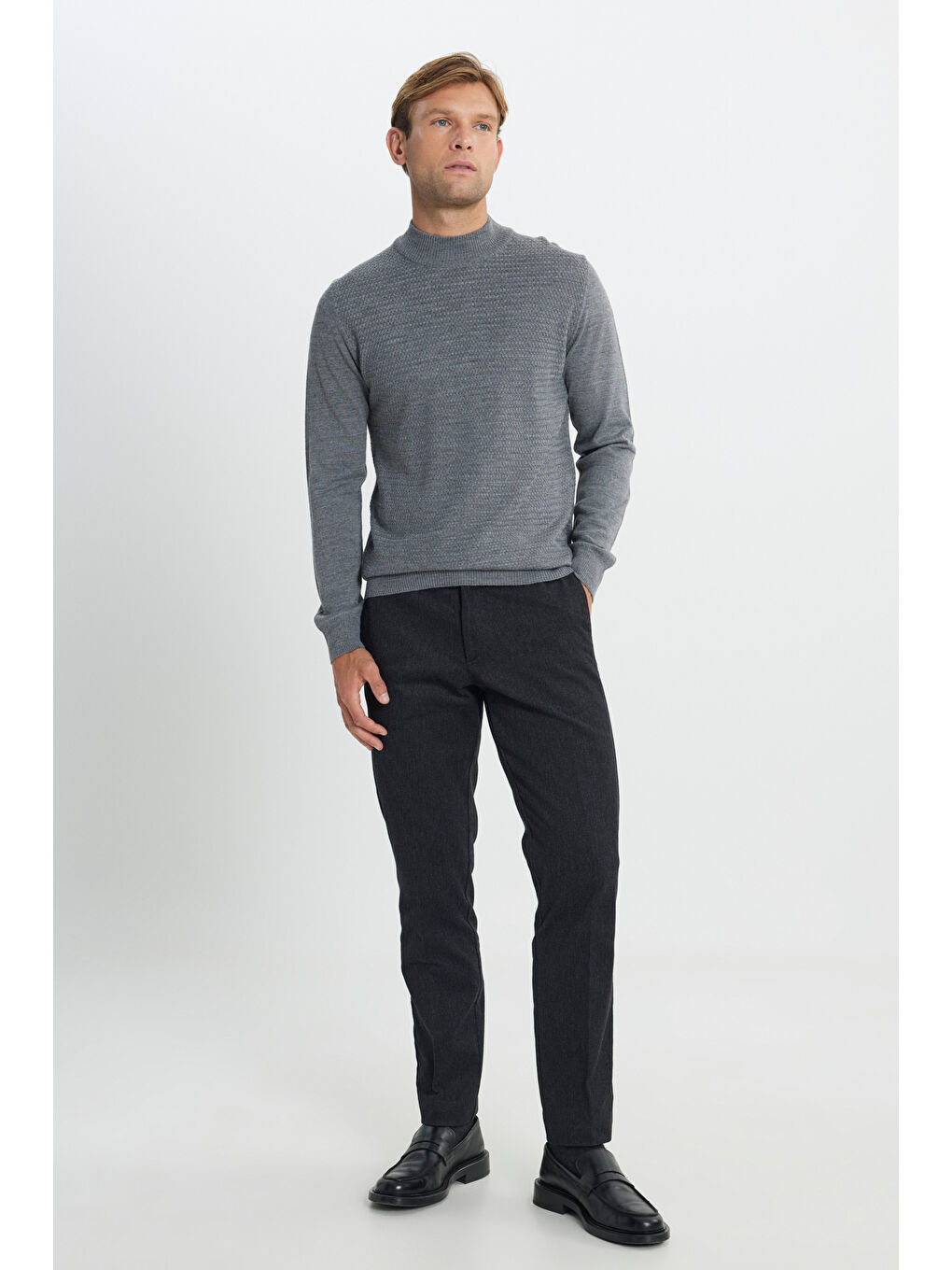 Erkek Gri Melanj Yünlü Sıcak Tutan Standart Fit Normal Kesim Yarım Balıkçı Yaka Jakarlı Triko Kazak-1