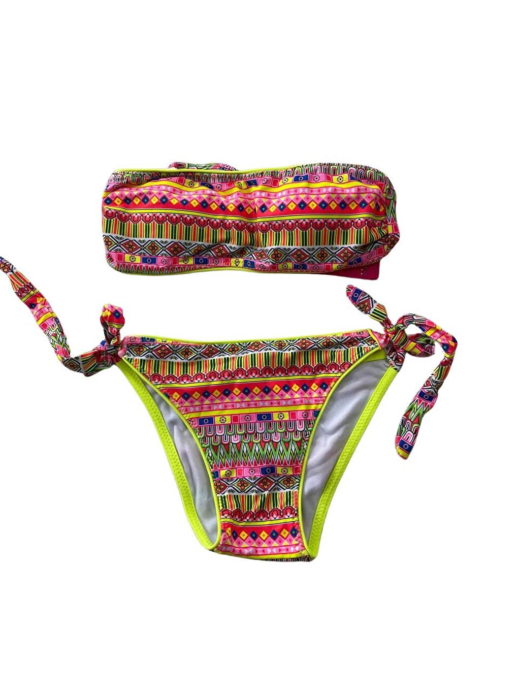 hazelin Siyah-Renklidesenli Kız Çocuk Neon Sarı Çok Renkli Astarlı 4-12 Yaş Straplez Bikini Takım - 3