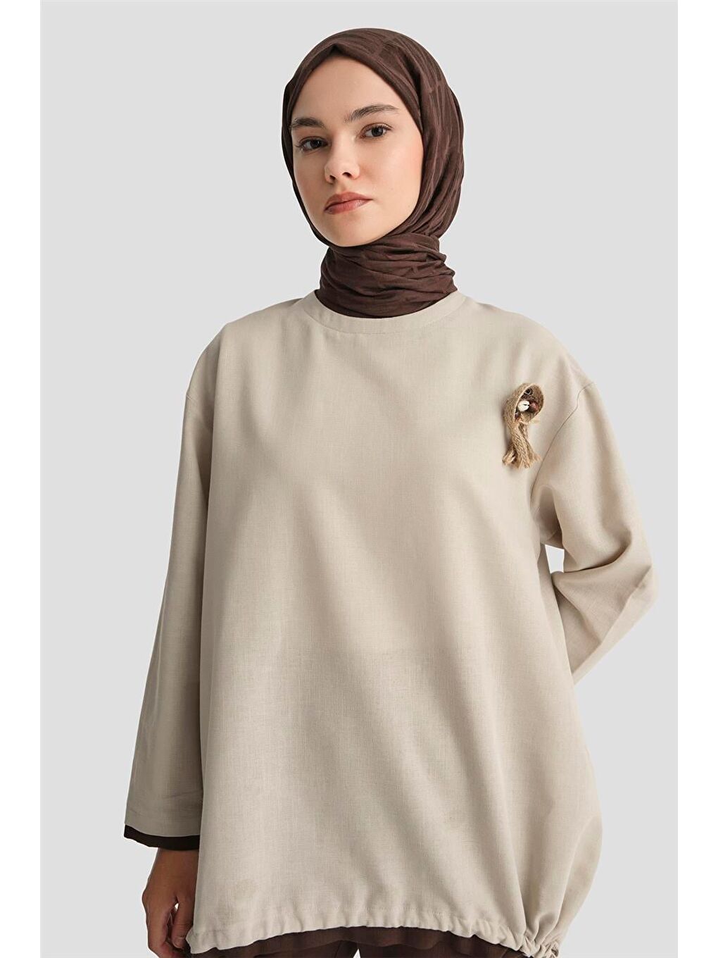 Bej Broşlu Keten Tunik 25Y4620 Taş-3