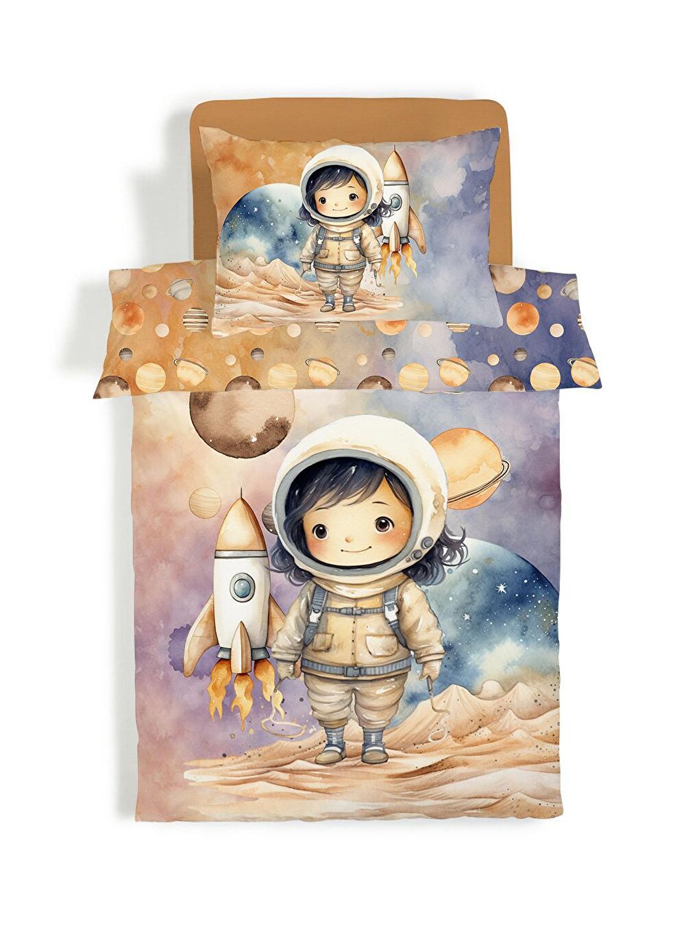 EVMİLA Karışık Astronot Desenli Çarşafsız 2'li Takım Baskılı Tek Kişilik Nevresim Takımı 160x220 cm - 1