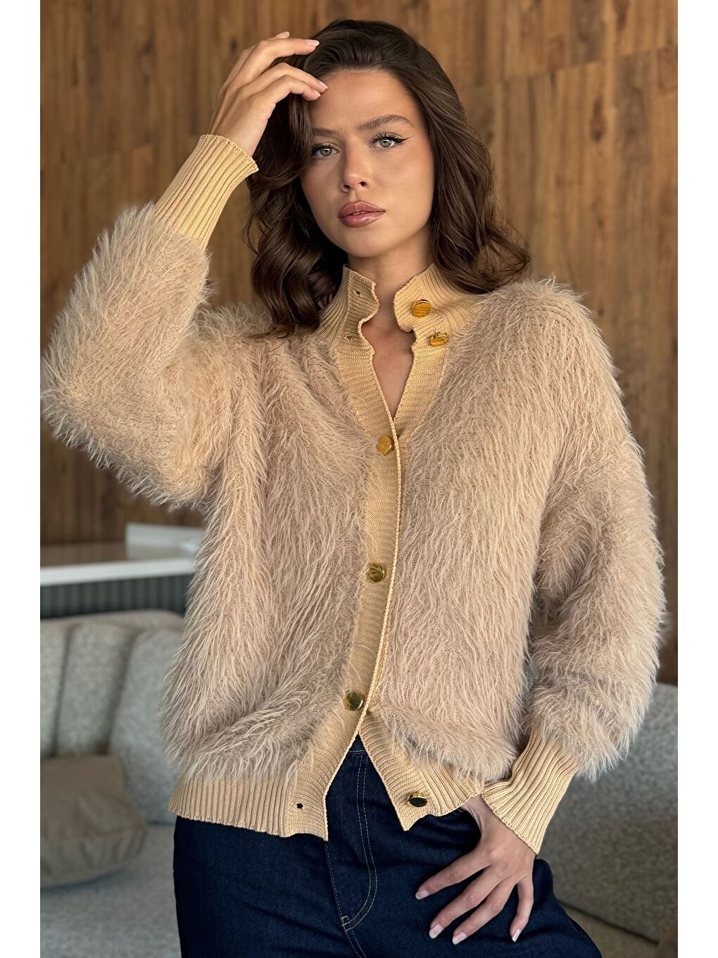 Bej Kadın Sakallı Triko Ceket-3