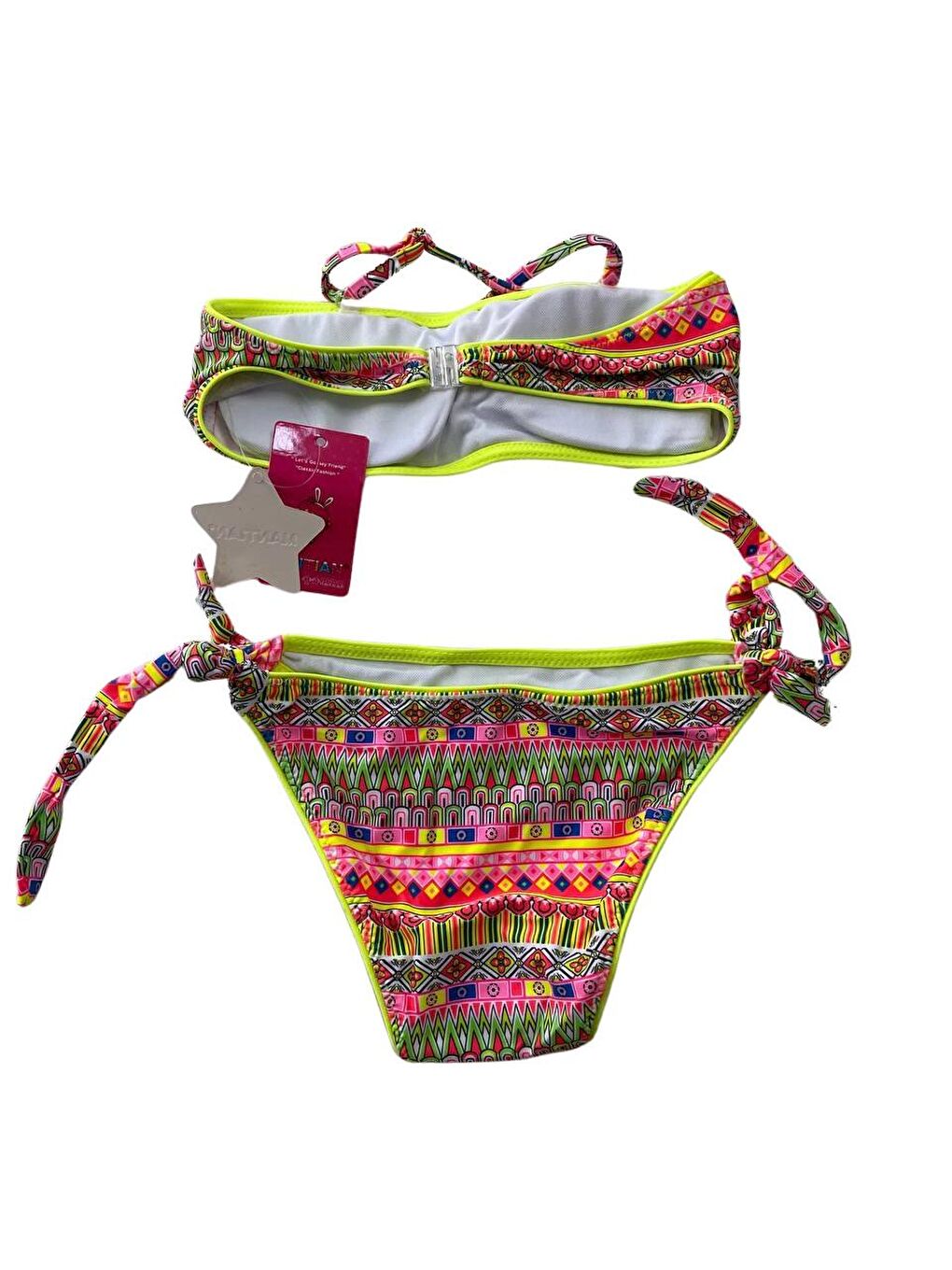 hazelin Siyah-Renklidesenli Kız Çocuk Neon Sarı Çok Renkli Astarlı 4-12 Yaş Straplez Bikini Takım - 4