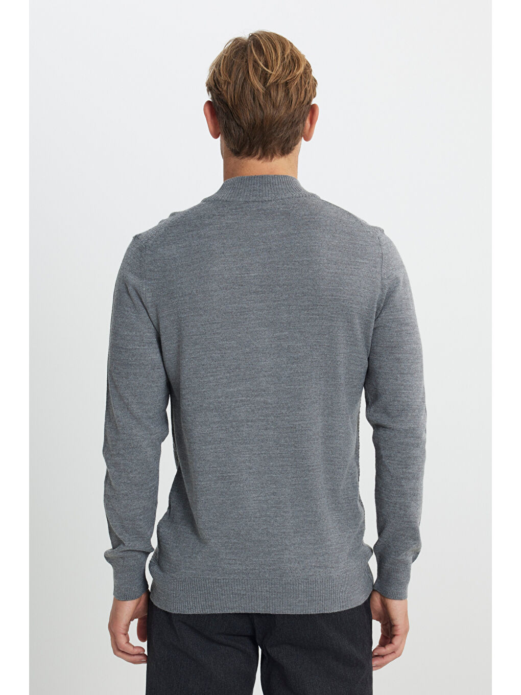 Erkek Gri Melanj Yünlü Sıcak Tutan Standart Fit Normal Kesim Yarım Balıkçı Yaka Jakarlı Triko Kazak-4