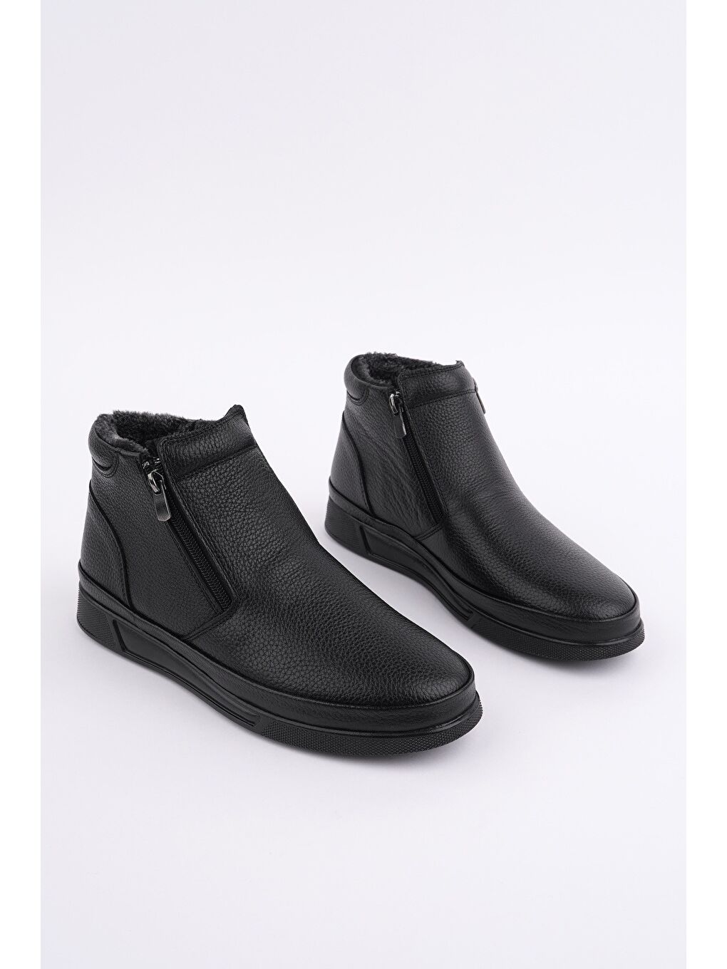 Siyah ANDY Hakiki Deri Çift Fermuarlı İçi Kürklü Erkek Kışlık Bot-1