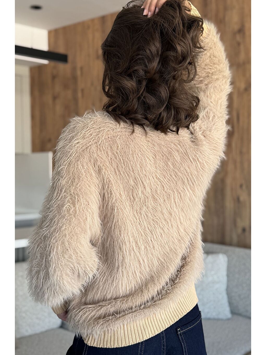 Bej Kadın Sakallı Triko Ceket-4