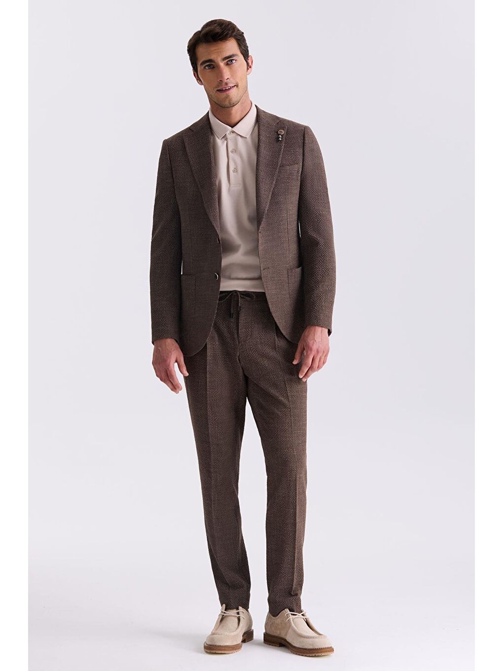 Kahverengi Kahve Slim Fit Mono Yaka Desenli Spor Takım Elbise